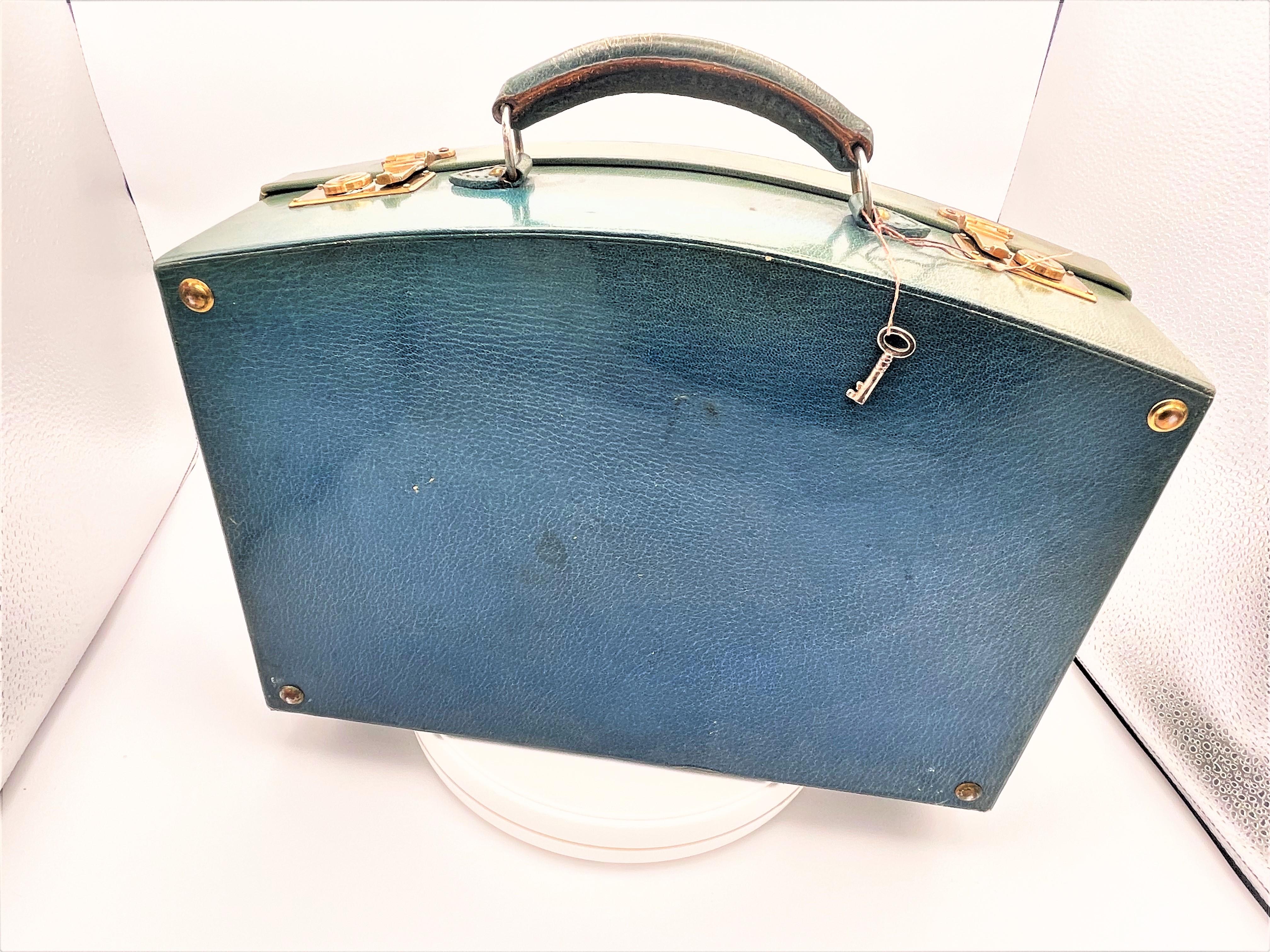 Vintage blue/green leather beauty case, 9 blue enameled boxes, 19th C. Vienna  In Good Condition In Stuttgart, DE