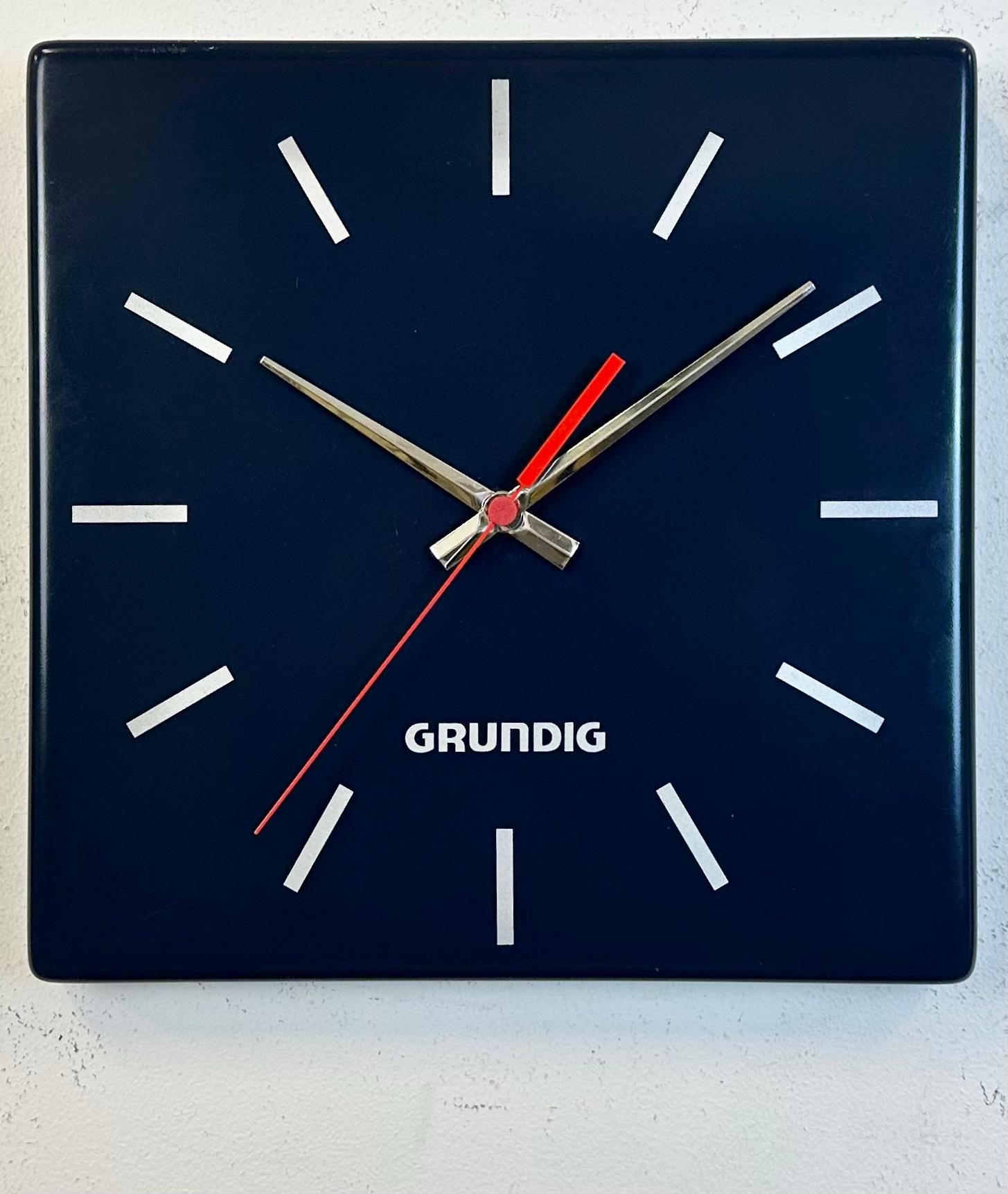 Industrial Vintage Blue Grundig Advertising Wall Clock, 1970s For Sale