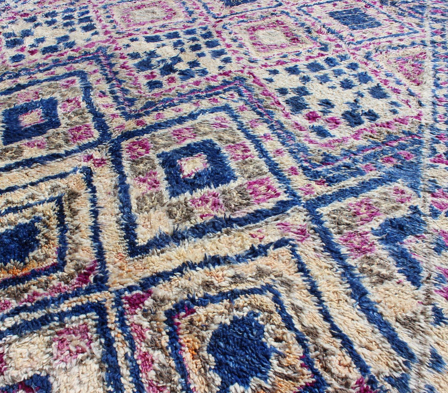 Vintage Blue Hand Knotted Moroccan Rug with All-Over Diamond Design For Sale 3