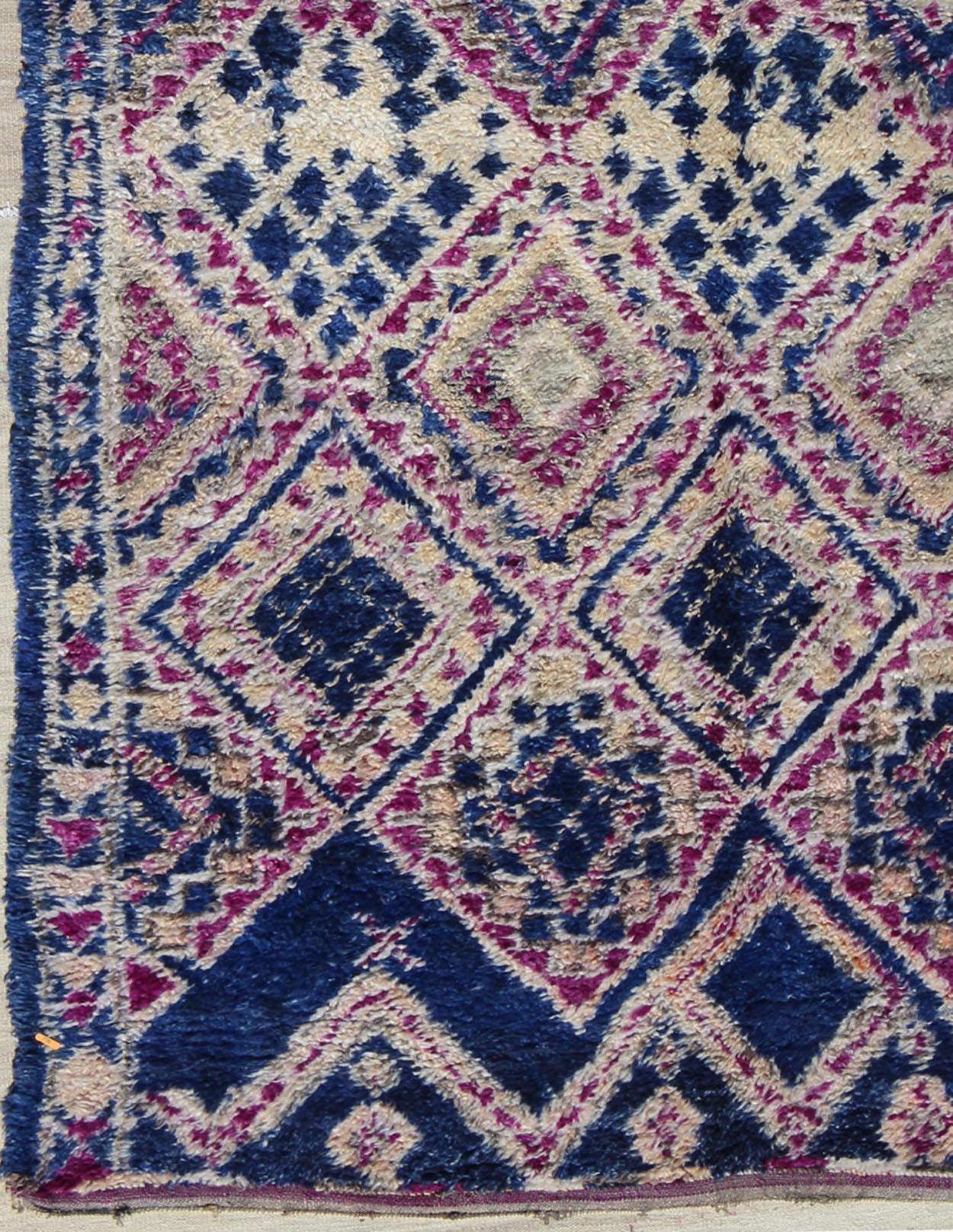 Tribal Vintage Blue Hand Knotted Moroccan Rug with All-Over Diamond Design For Sale