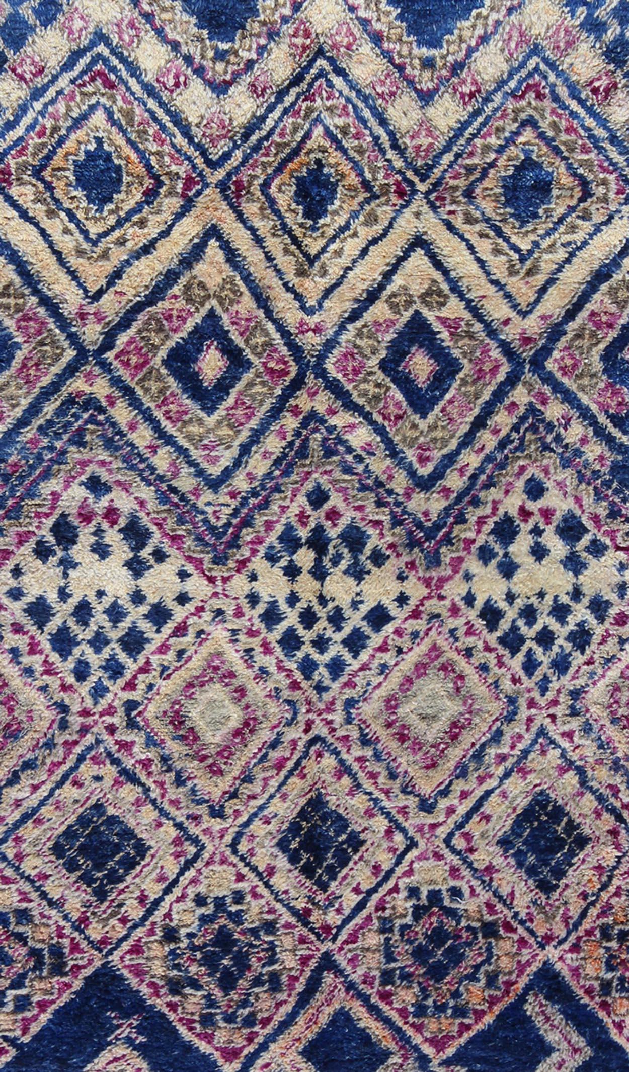 Hand-Knotted Vintage Blue Hand Knotted Moroccan Rug with All-Over Diamond Design For Sale