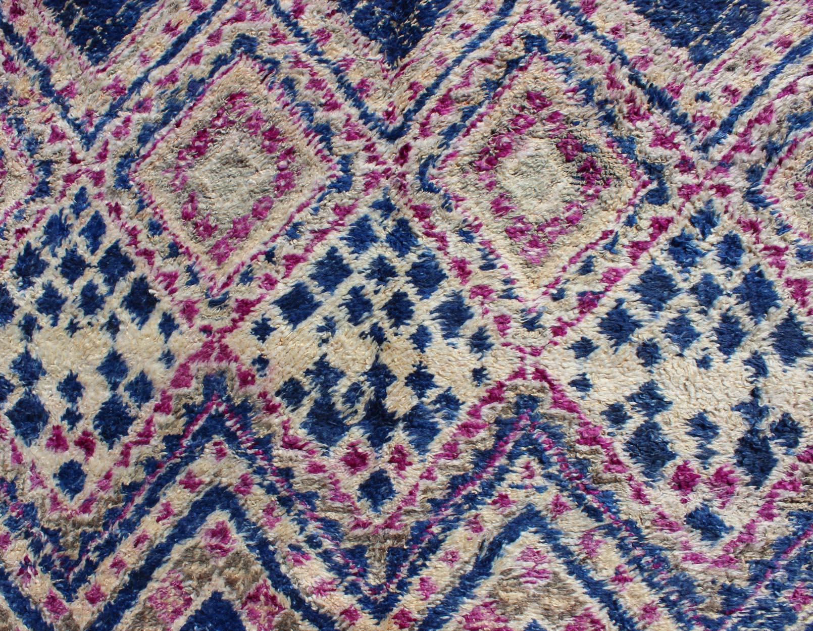 20th Century Vintage Blue Hand Knotted Moroccan Rug with All-Over Diamond Design For Sale