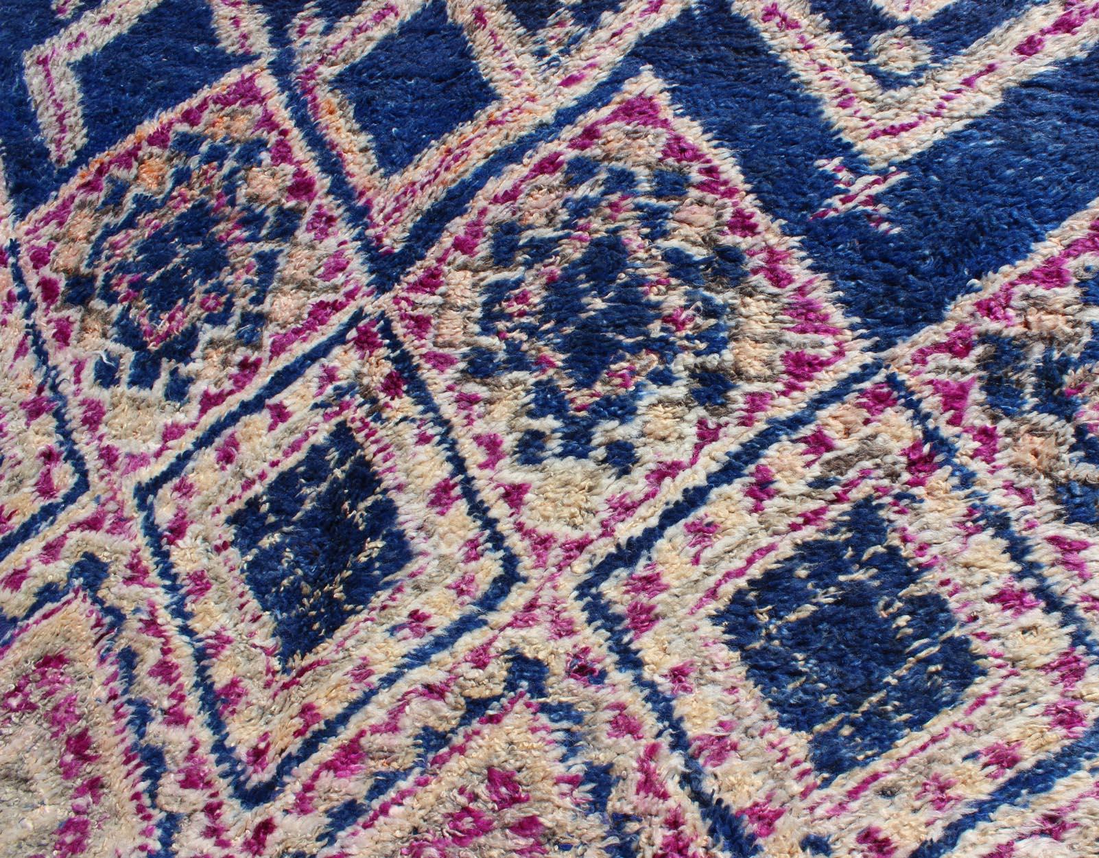 Wool Vintage Blue Hand Knotted Moroccan Rug with All-Over Diamond Design For Sale