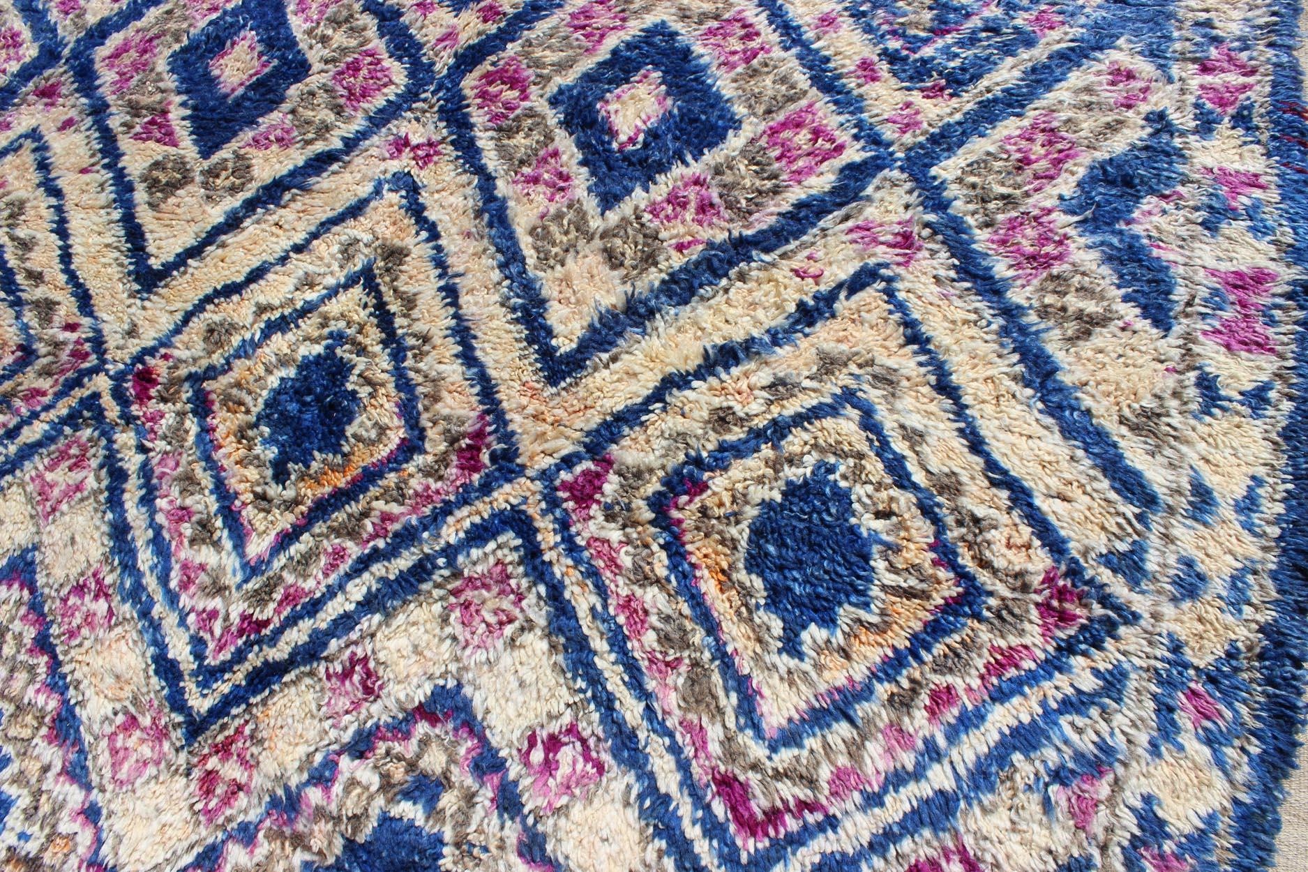 Vintage Blue Hand Knotted Moroccan Rug with All-Over Diamond Design For Sale 1