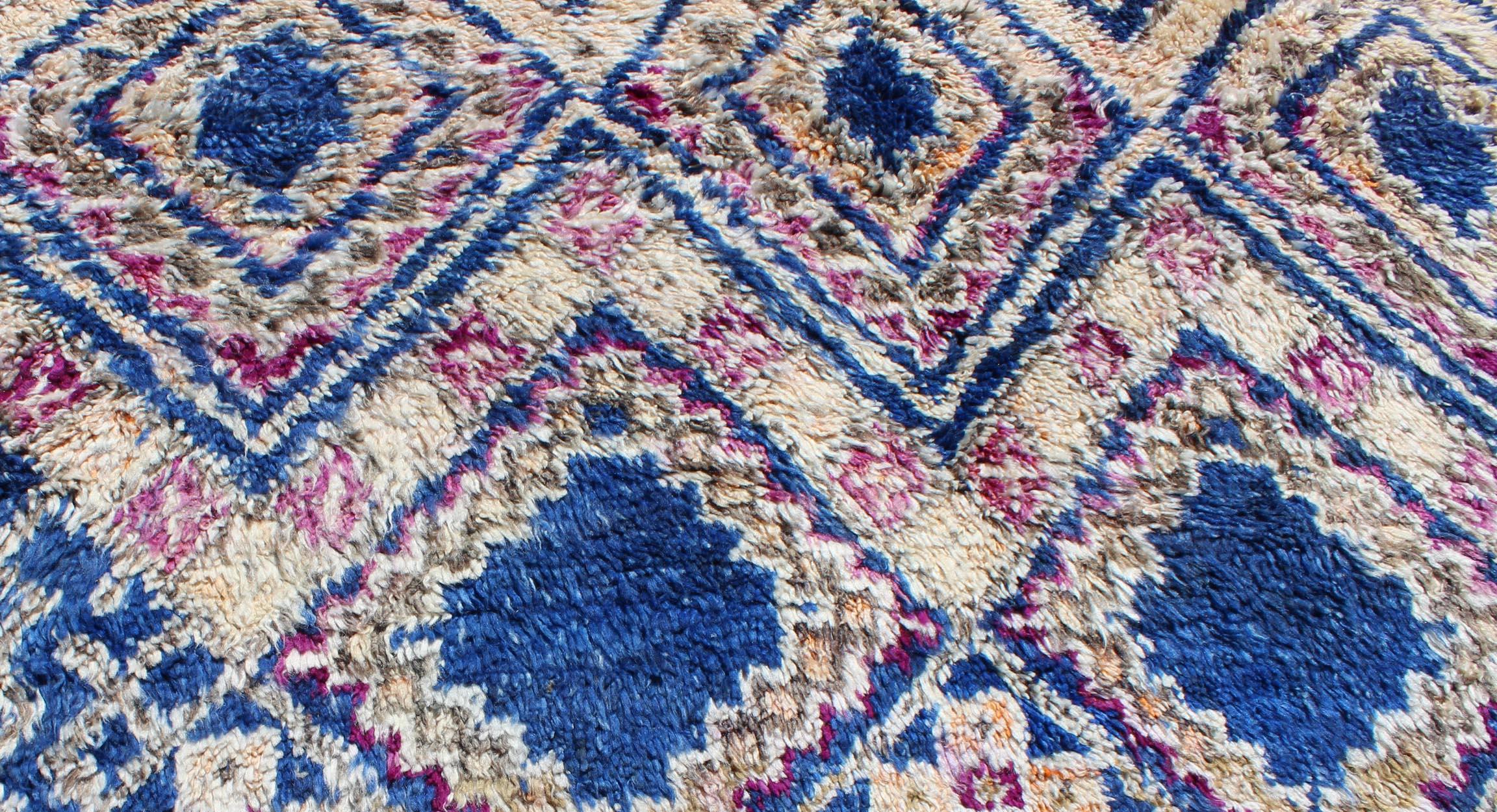 Vintage Blue Hand Knotted Moroccan Rug with All-Over Diamond Design For Sale 2