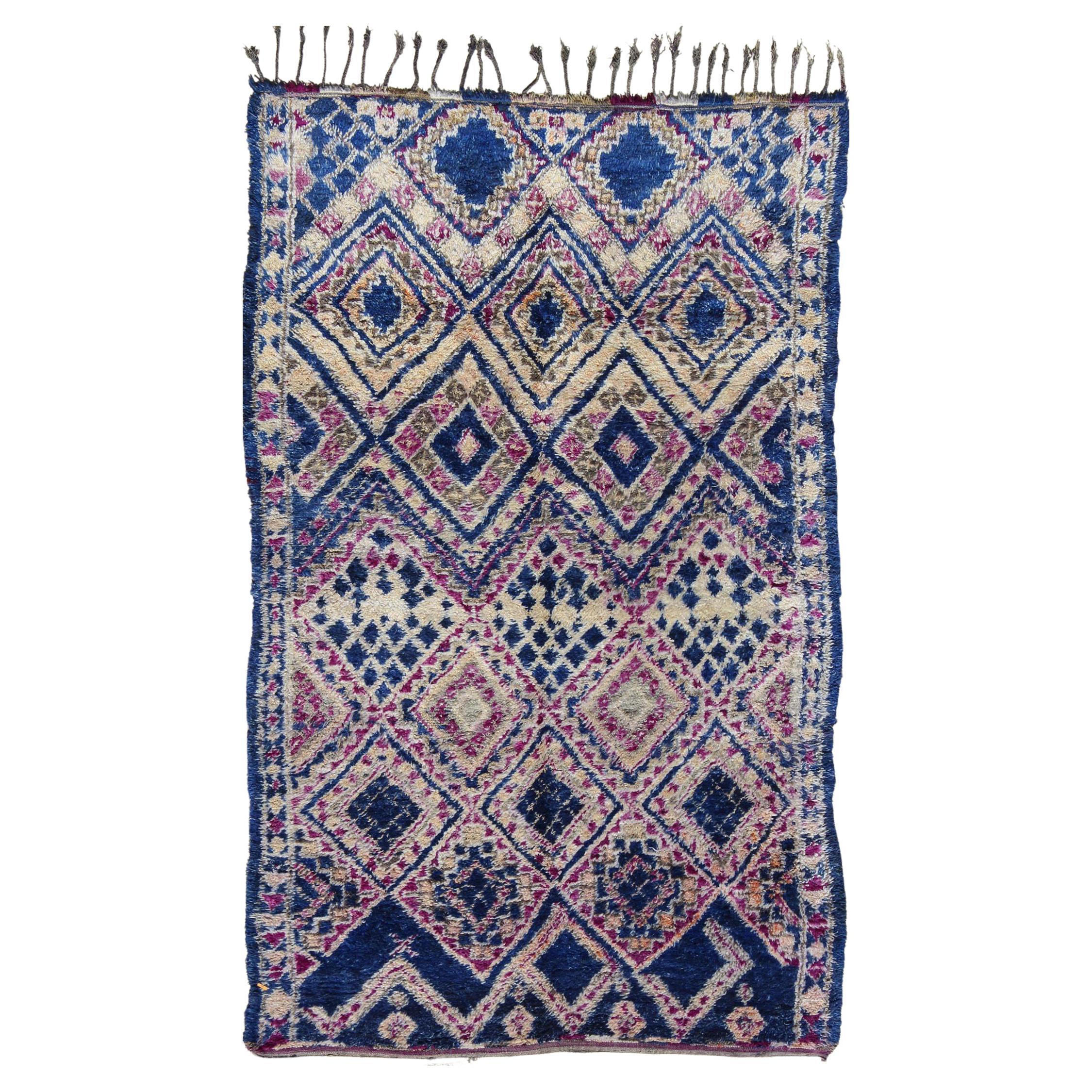 Vintage Blue Hand Knotted Moroccan Rug with All-Over Diamond Design