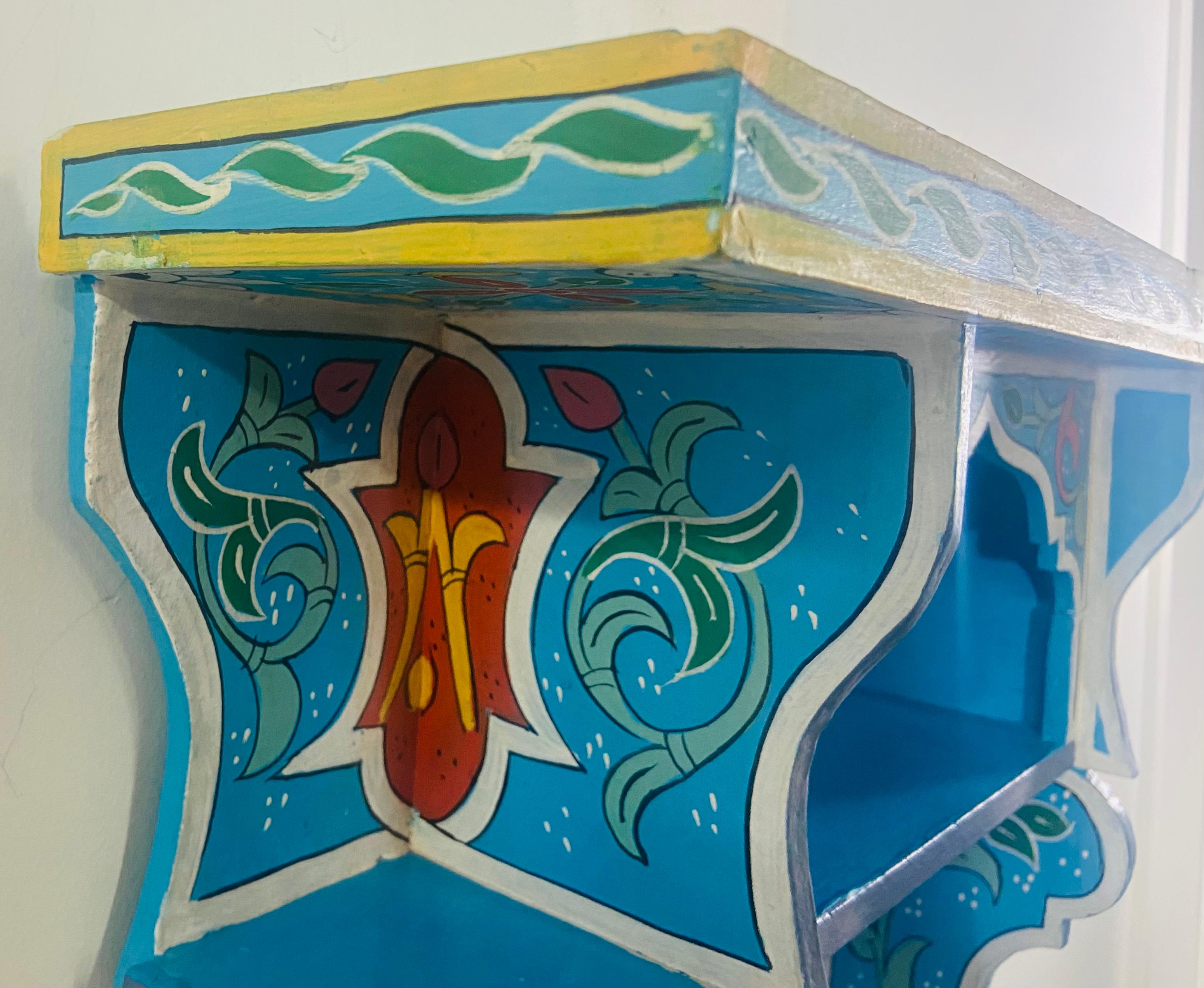 Hand-Painted Vintage Blue Boho Chic Moroccan Spice Shelf or Rack , a Pair For Sale