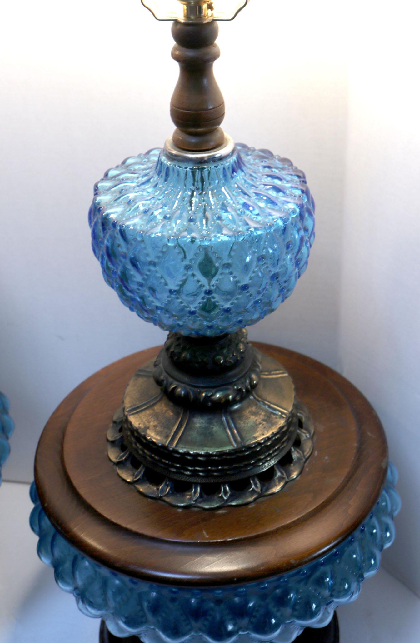 20th Century Vintage Blue Hobnail 1960s Maple and Brass Table Lamps
