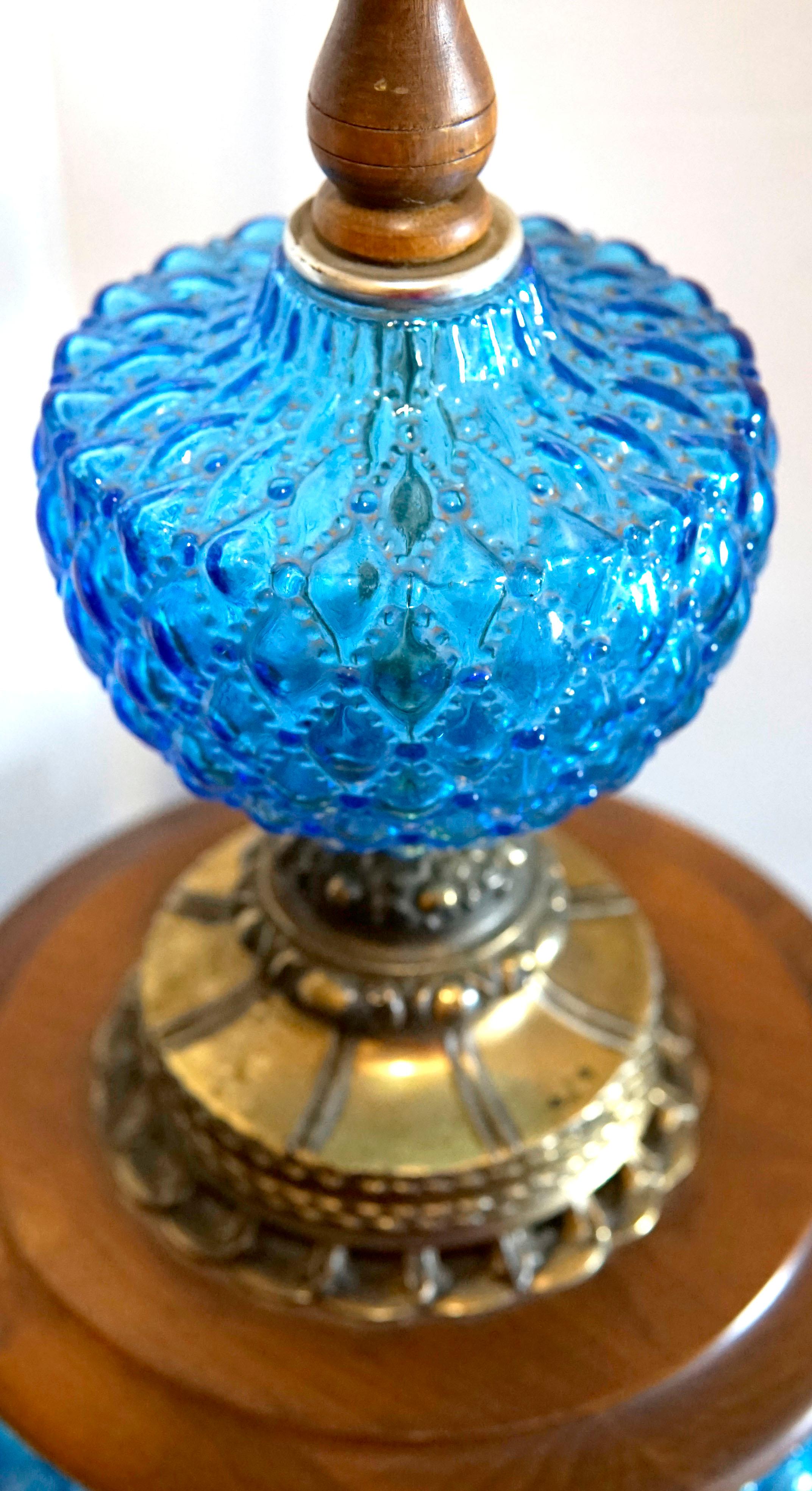 Vintage Blue Hobnail 1960s Maple and Brass Table Lamps 1