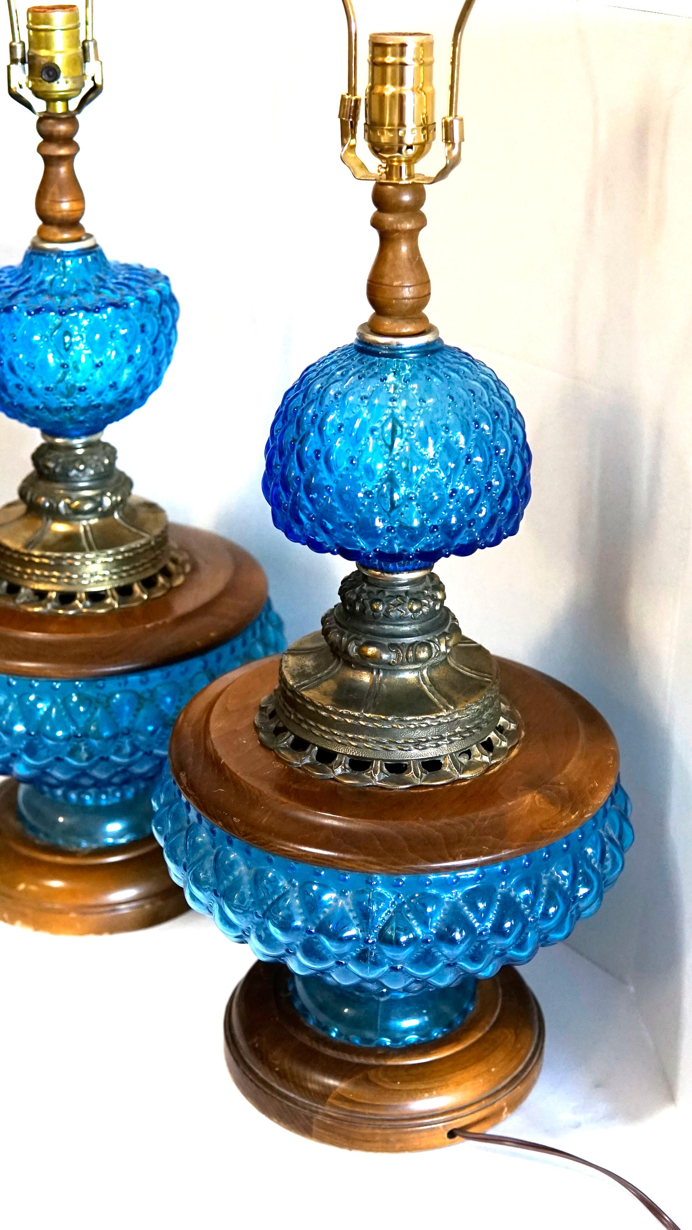 Vintage Blue Hobnail 1960s Maple and Brass Table Lamps 2