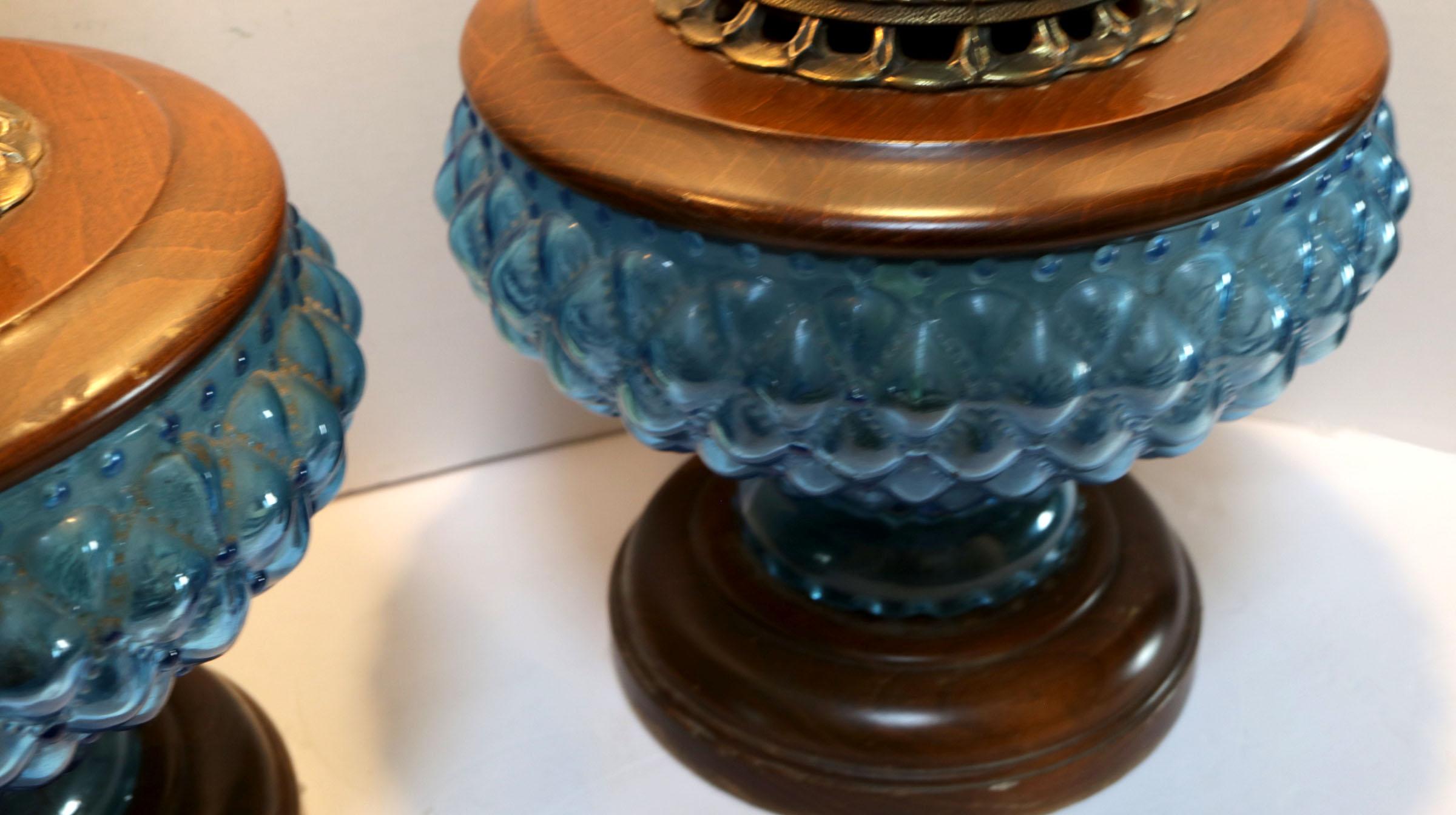 Vintage Blue Hobnail 1960s Maple and Brass Table Lamps 3