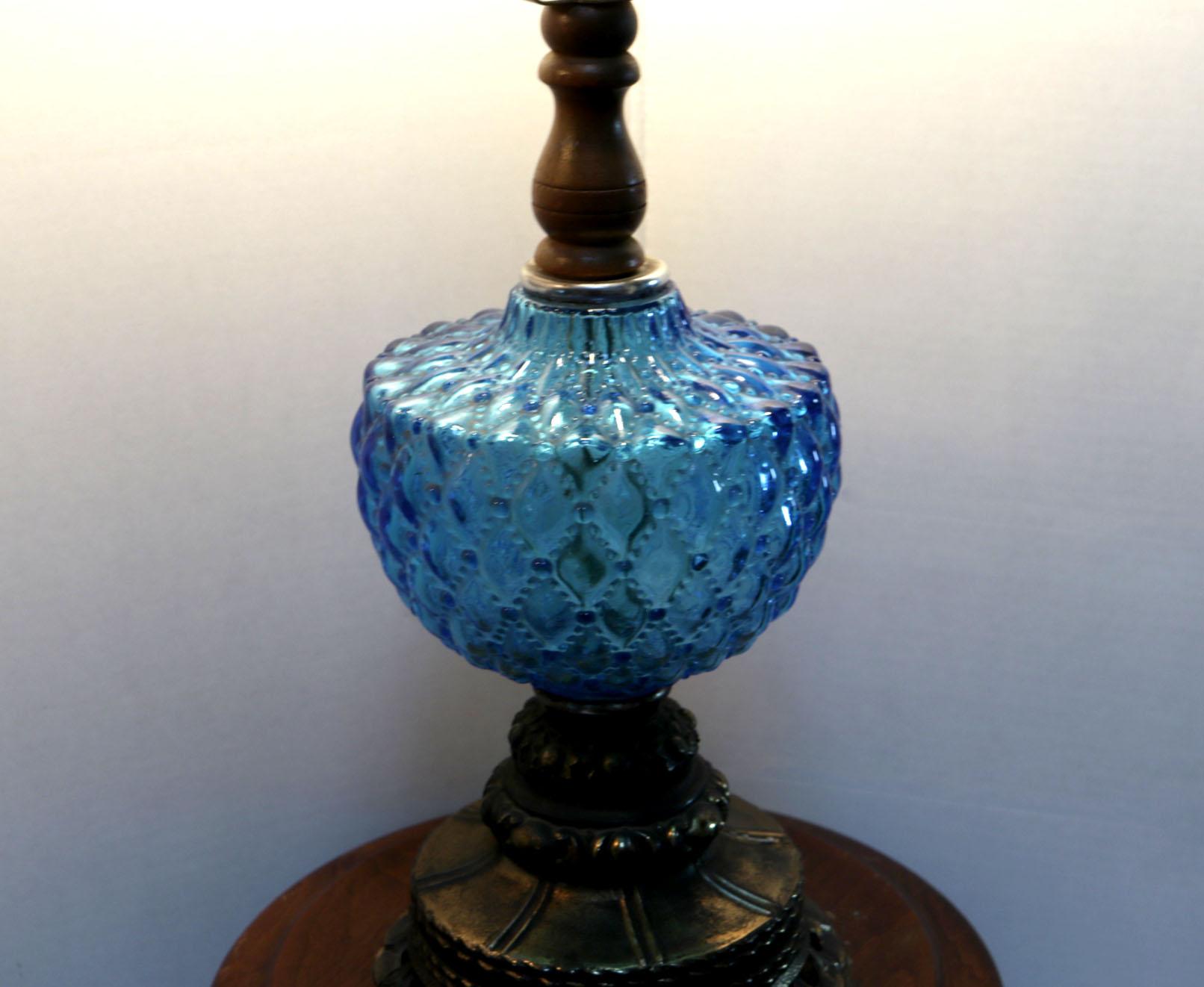 Vintage Blue Hobnail 1960s Maple and Brass Table Lamps 4
