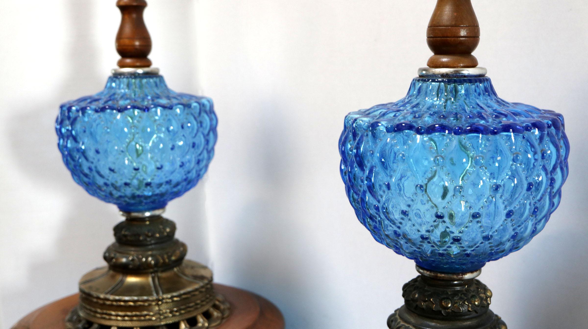 Vintage Blue Hobnail 1960s Maple and Brass Table Lamps 5
