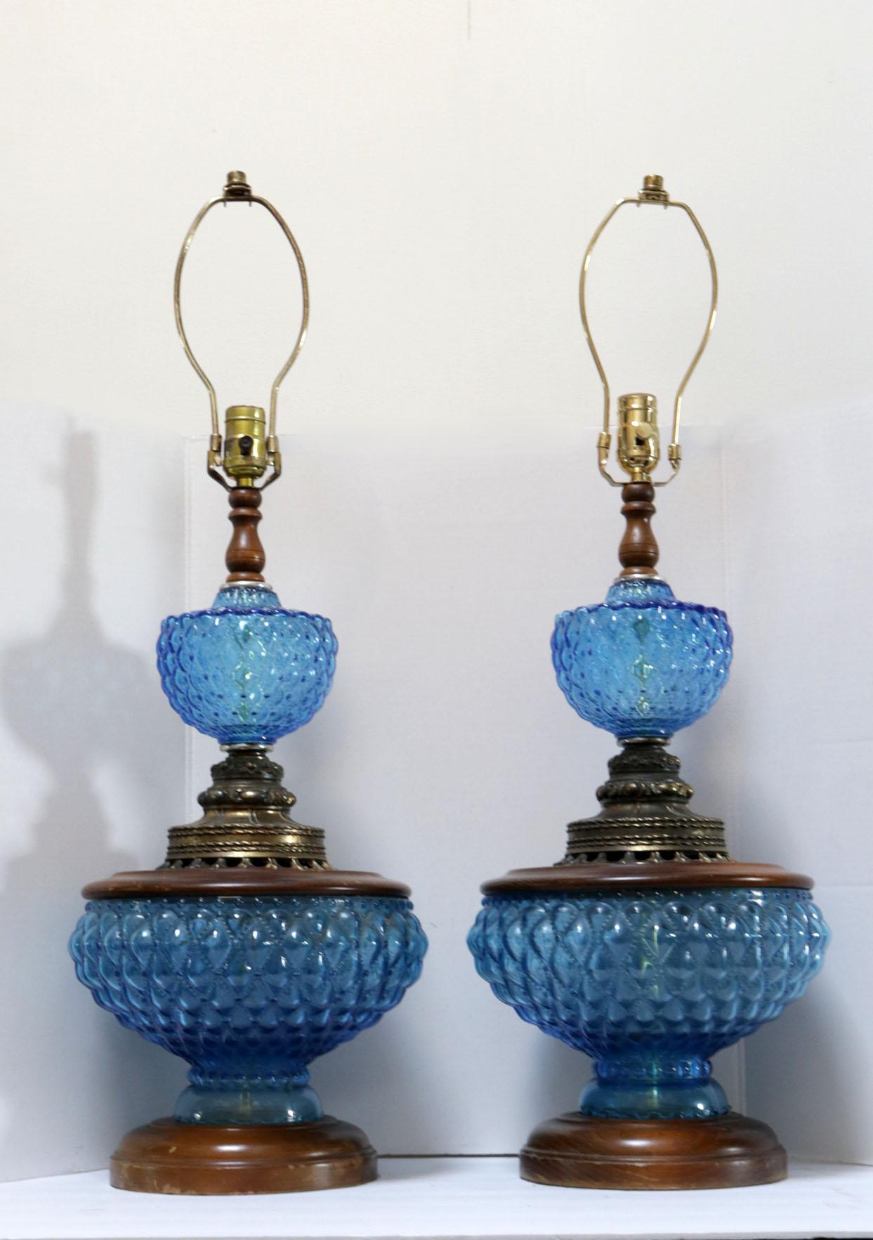 Vintage Blue Hobnail 1960s Maple and Brass Table Lamps 6
