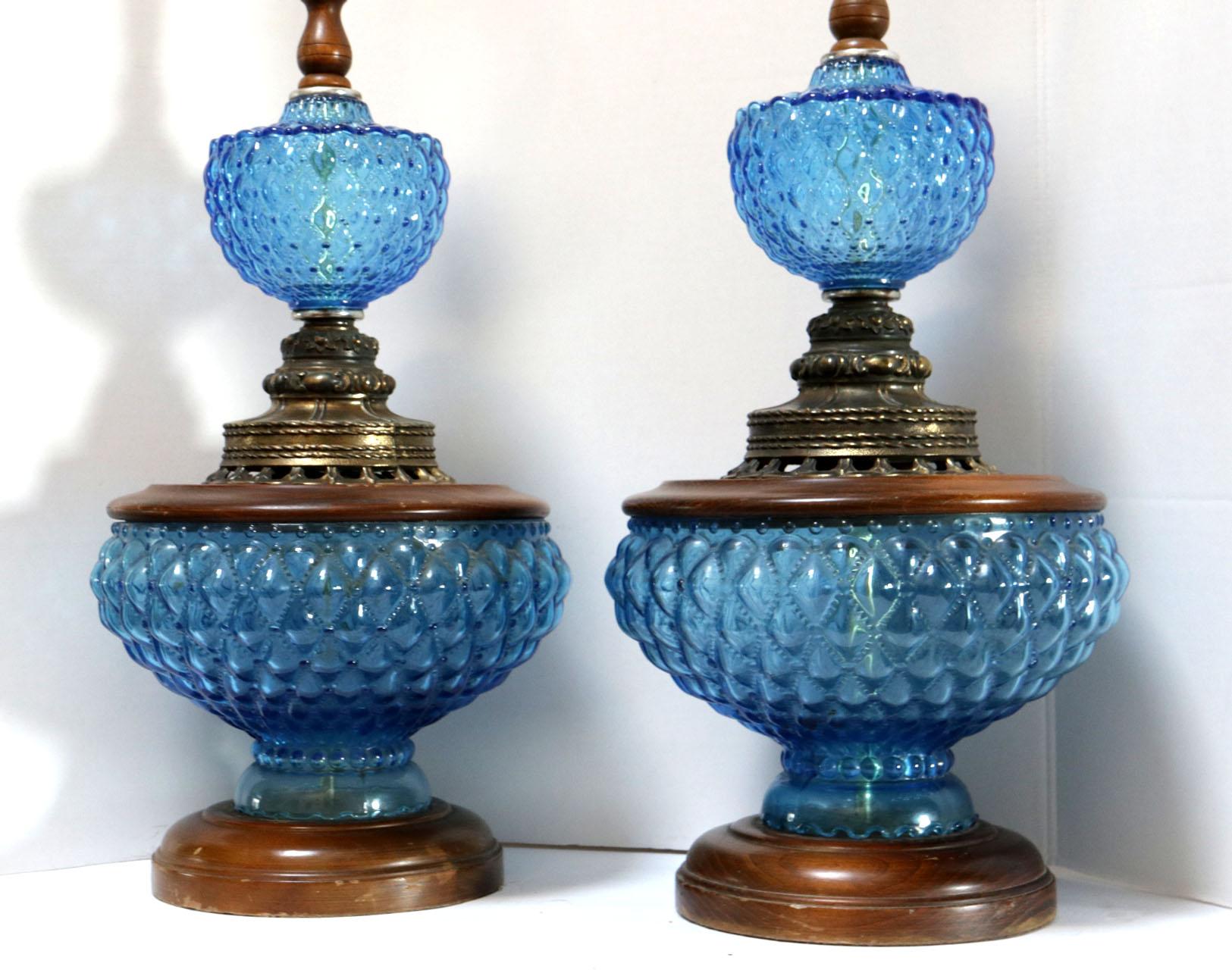 Vintage Blue Hobnail 1960s Maple and Brass Table Lamps 7