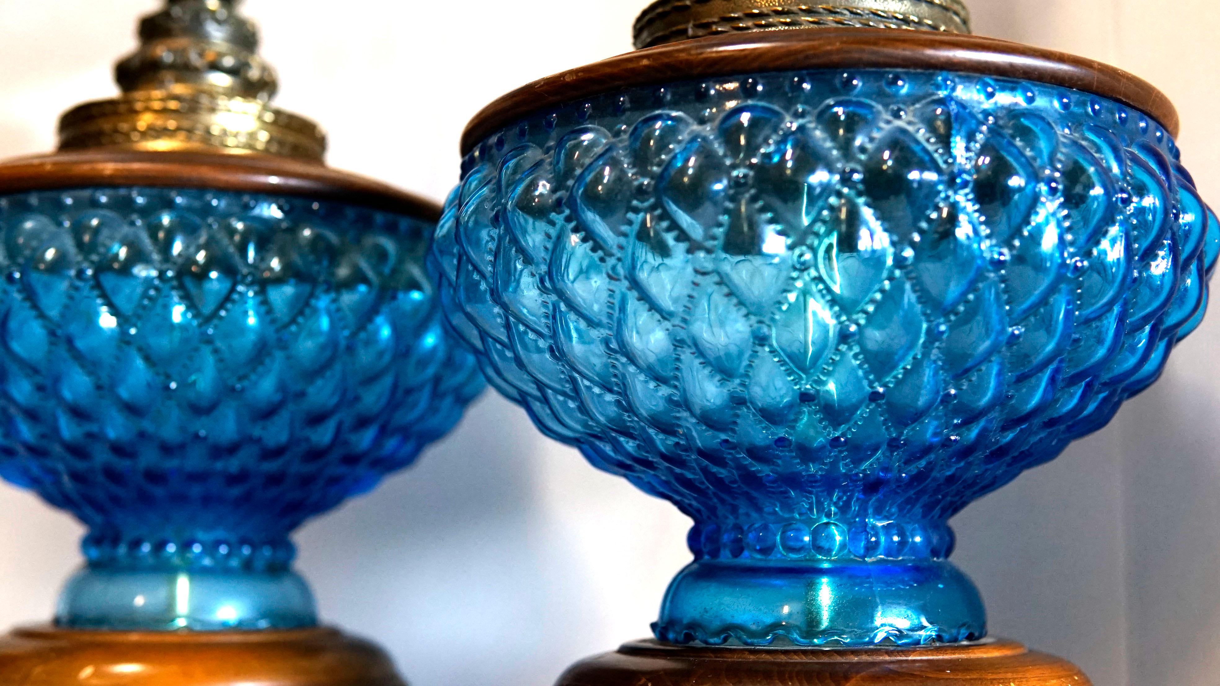 Mid-Century Modern Vintage Blue Hobnail 1960s Maple and Brass Table Lamps