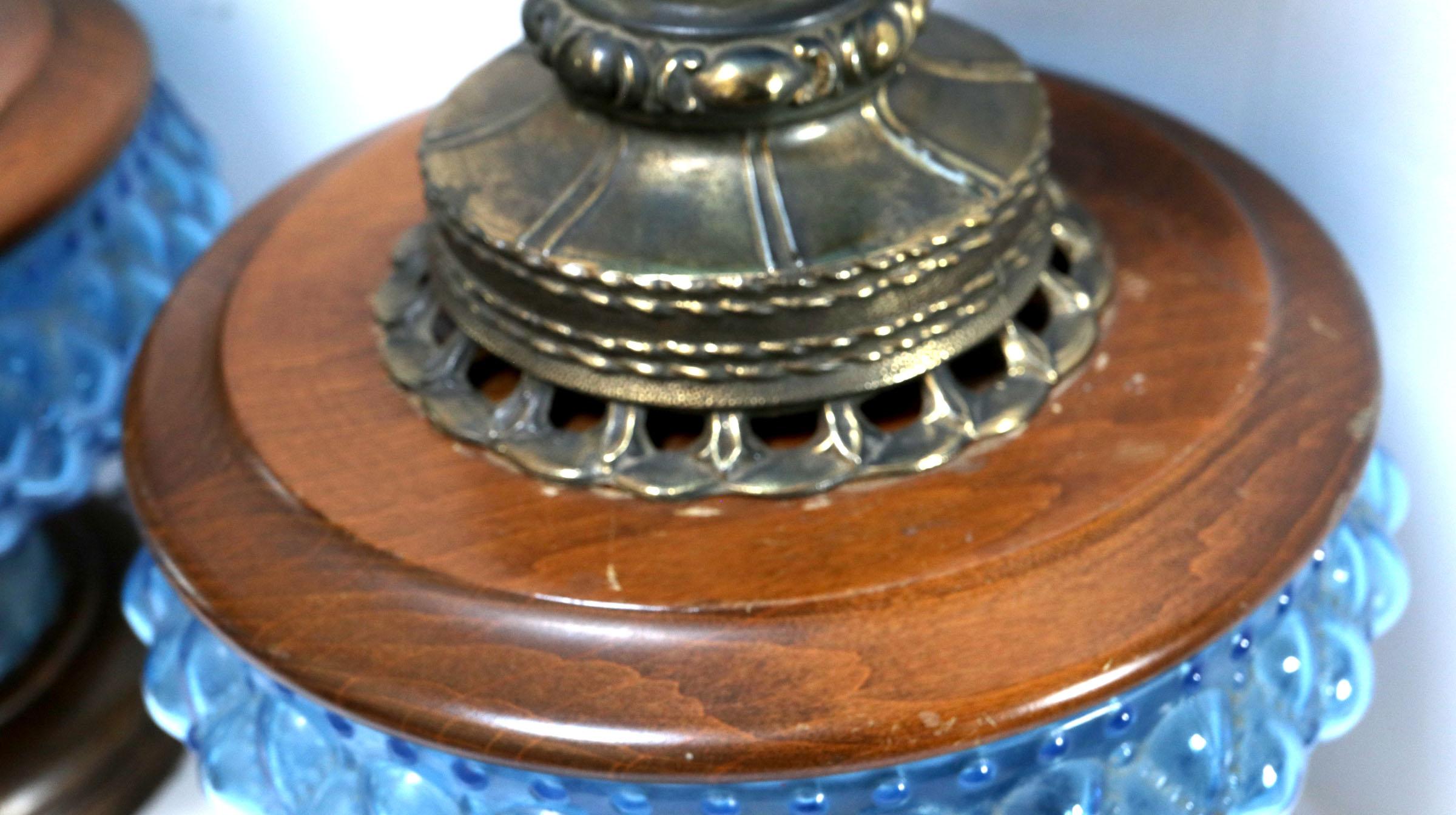 Woodwork Vintage Blue Hobnail 1960s Maple and Brass Table Lamps