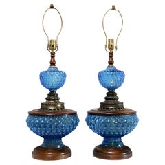 Vintage Blue Hobnail 1960s Maple and Brass Table Lamps