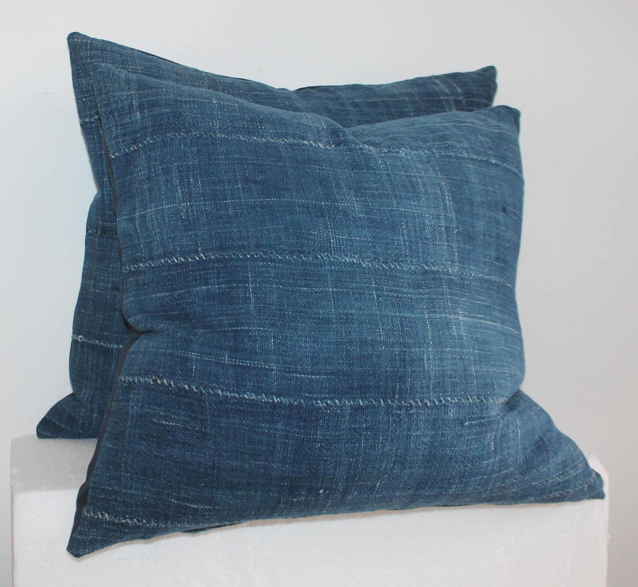 Hand-Woven Vintage Blue Homespun Linen Pillows, Pair