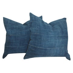 Vintage Blue Homespun Linen Pillows, Pair