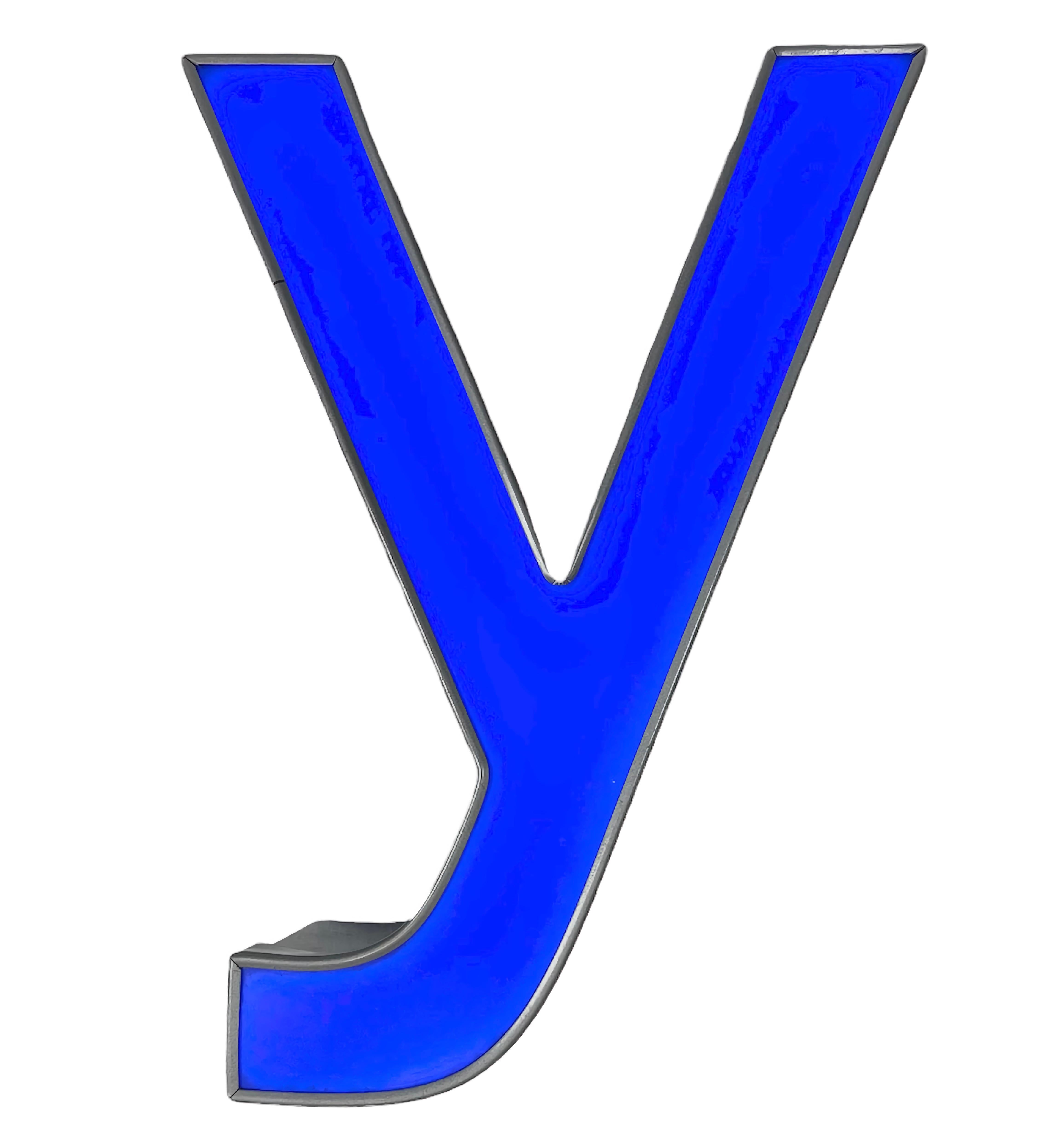 Dieser blau beleuchtete Vintage-Buchstabe Y wurde in den 1980er Jahren in den Niederlanden hergestellt und stammt von einem alten Werbebanner. Der Korpus ist aus grauem Eisen und das Gesicht aus blauem Plexiglas. Der Brief ist mit einer