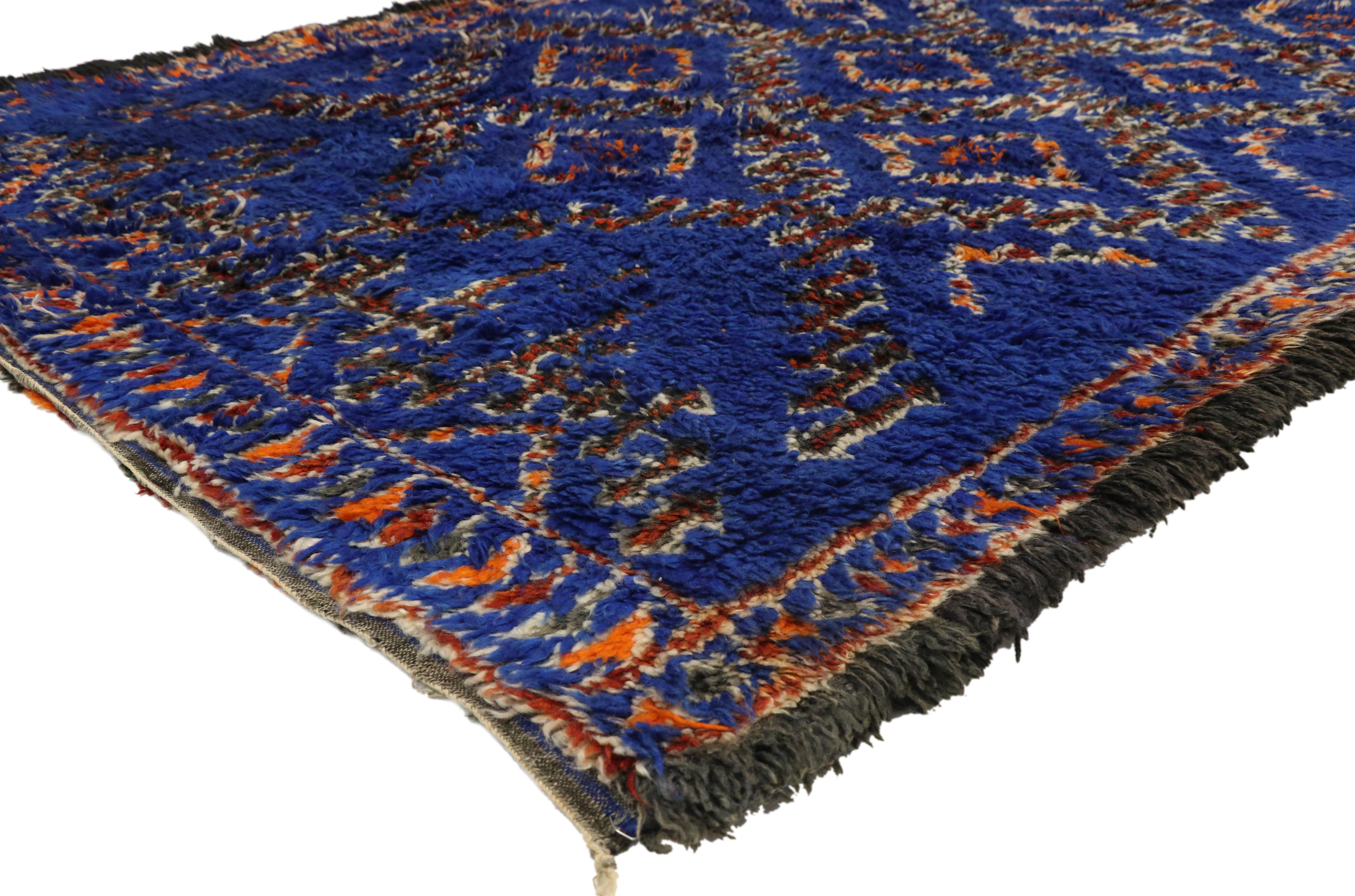 20955, vintage blue Indigo Beni M'Guild Moroccan rug, Berber Blue Moroccan rug. Featuring a luminous sapphire glow and luxury underfoot, this hand knotted wool vintage indigo blue Moroccan Beni M'Guild rug astounds with its beauty. It features a