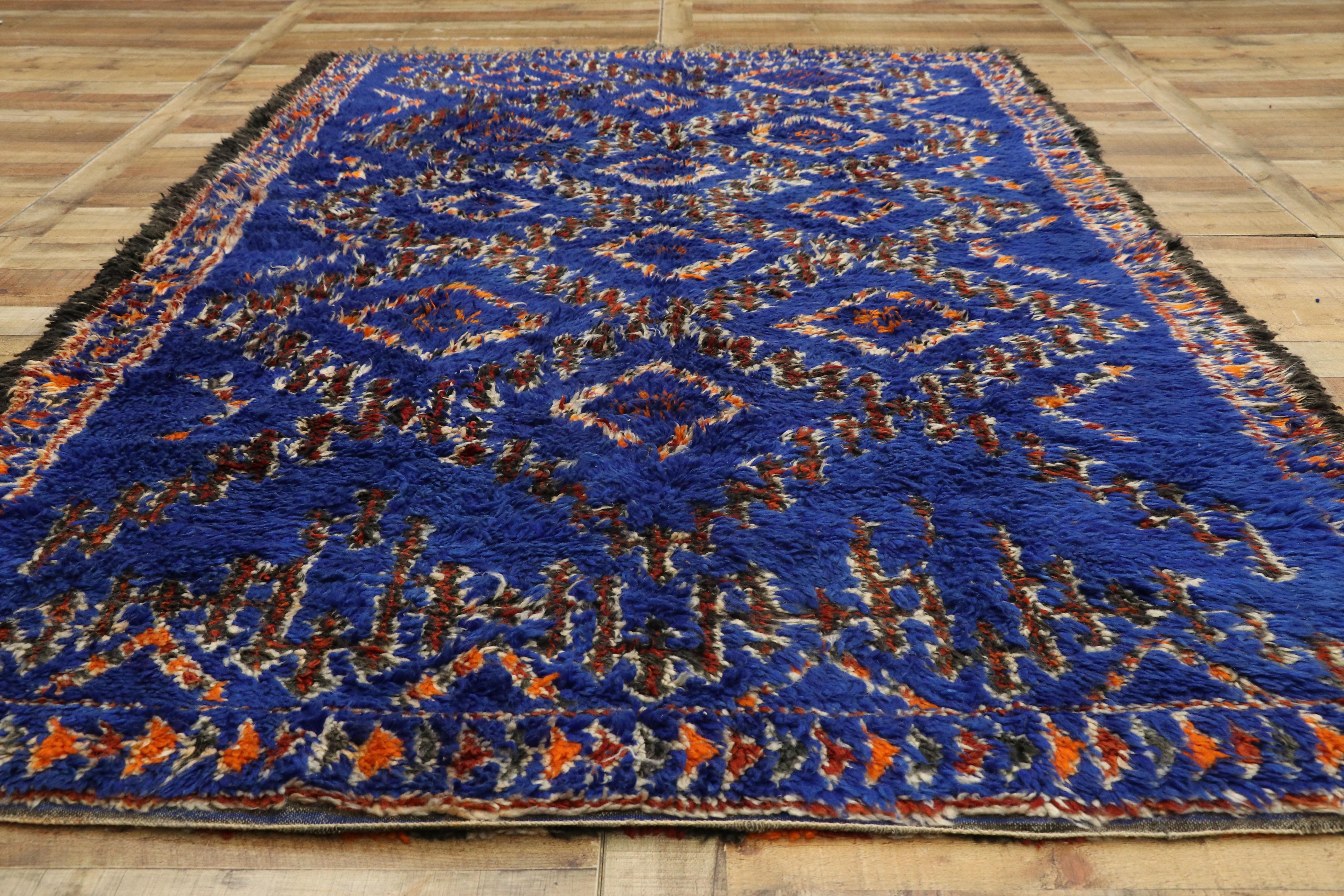 Wool Vintage Blue Indigo Beni M'Guild Moroccan Rug, Berber Blue Moroccan Rug