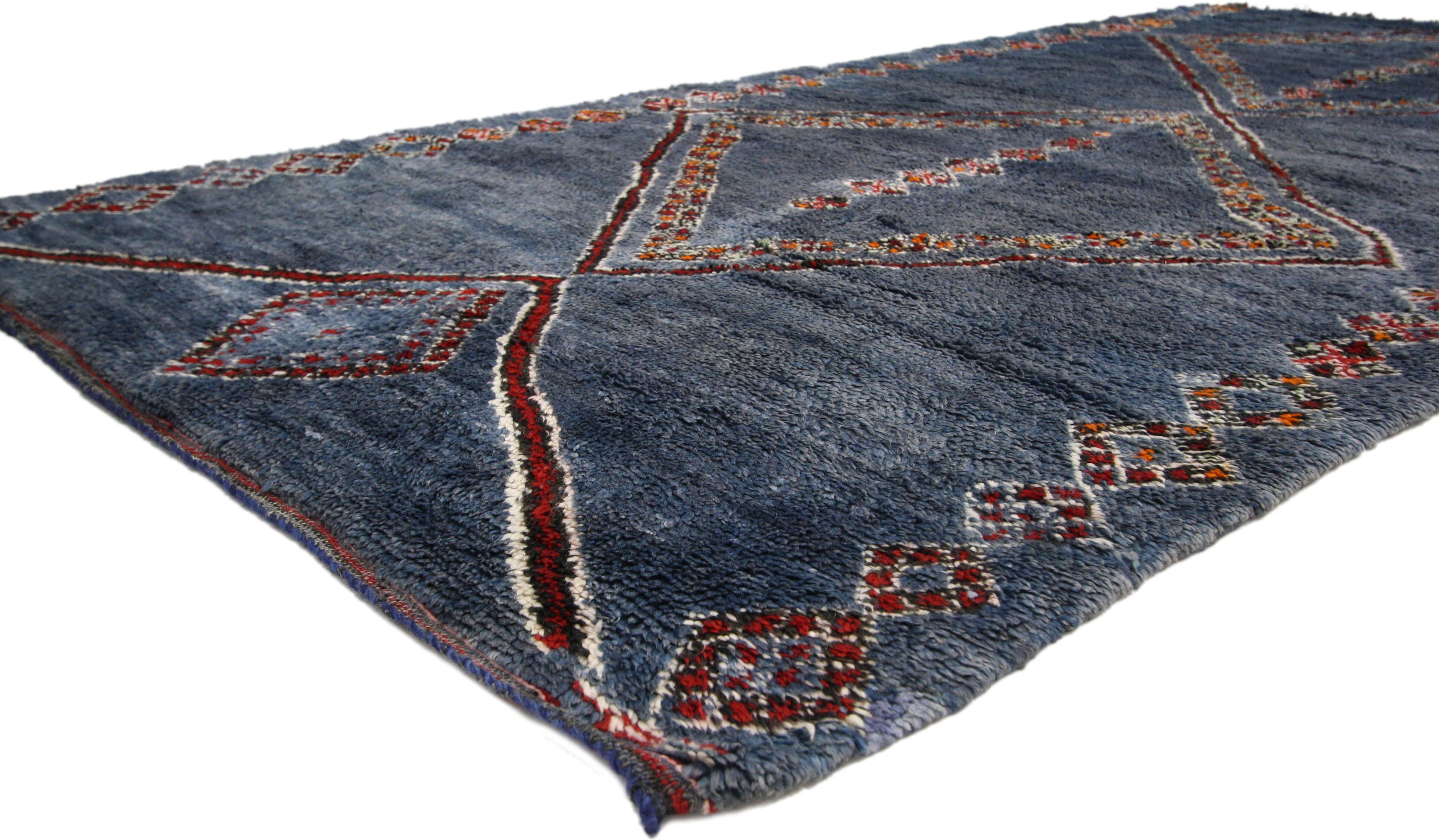 20728, vintage blue indigo Beni M'Guild Moroccan rug with tribal style, Berber Moroccan carpet. This hand knotted wool vintage blue Indigo Beni M'Guild Moroccan rug is an exceptional representation of Berber culture and symbolism. The
