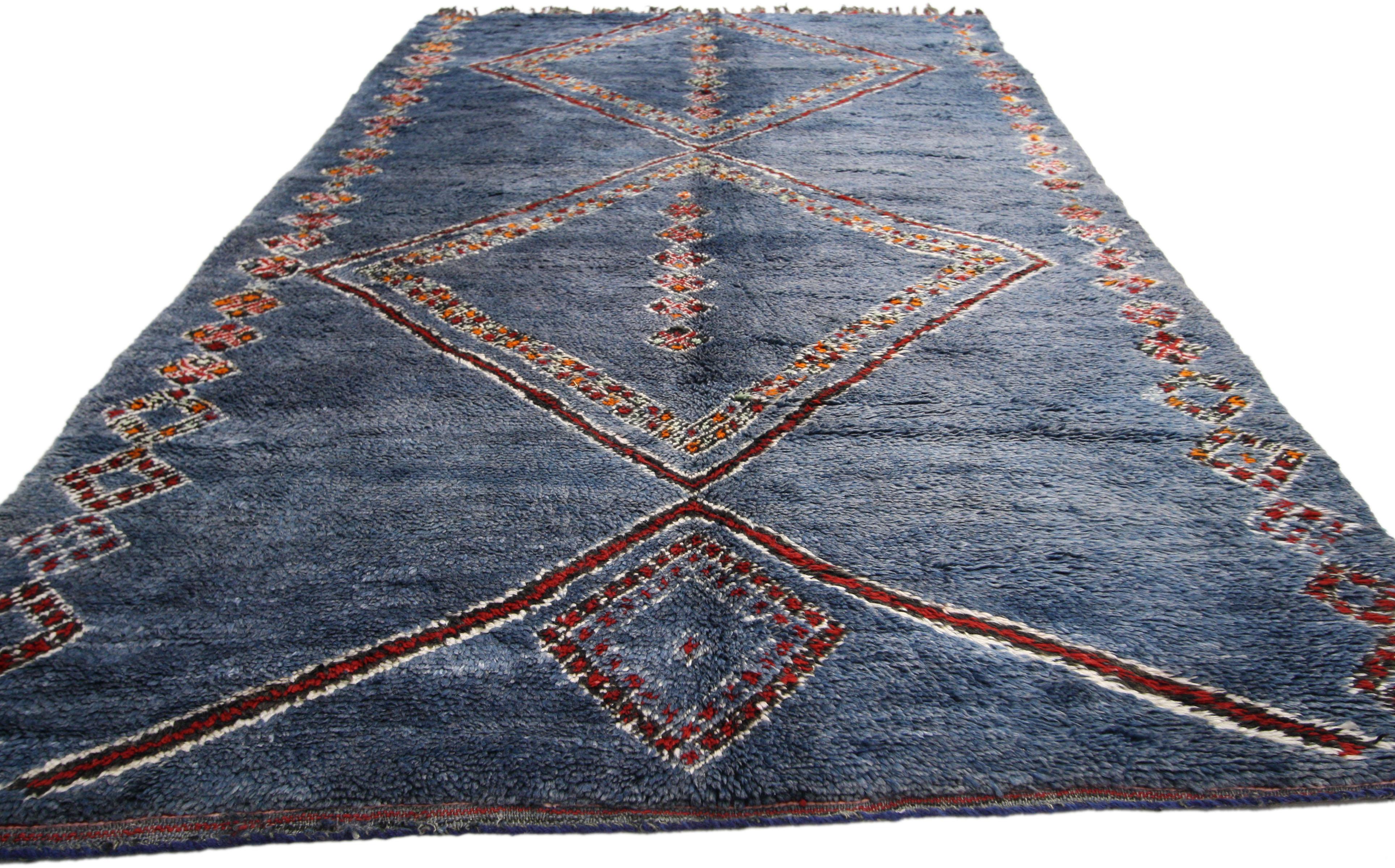 Hand-Knotted Vintage Blue Indigo Beni M'Guild Moroccan Rug with Tribal Style For Sale