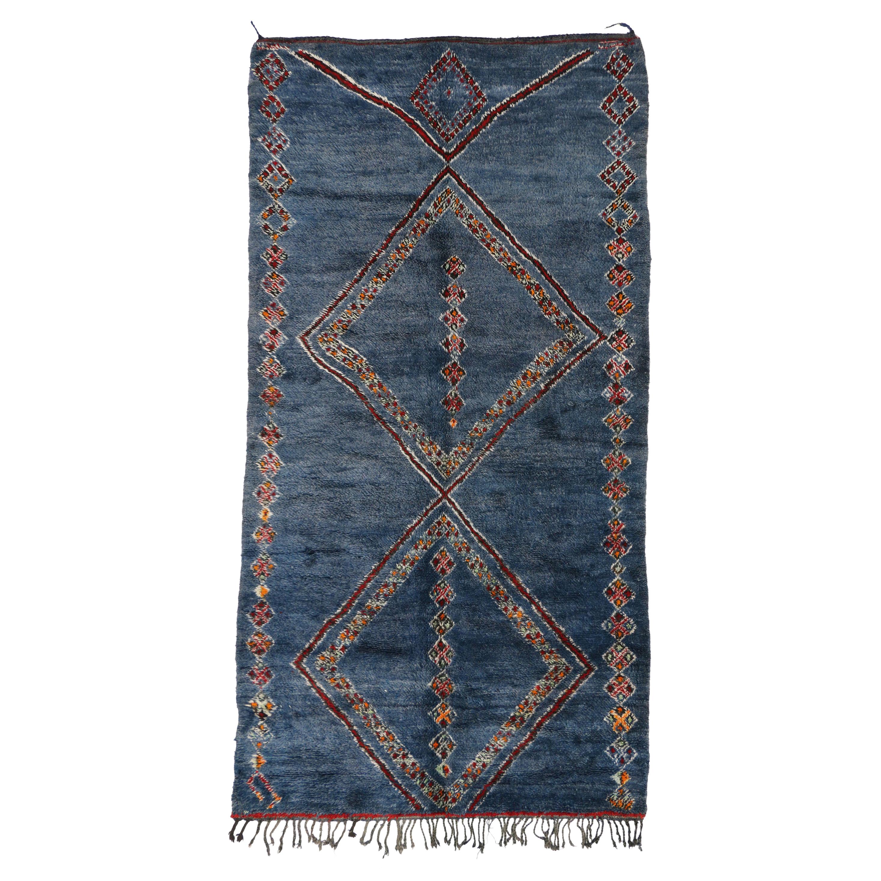 Vintage Blue Indigo Beni M'Guild Moroccan Rug with Tribal Style