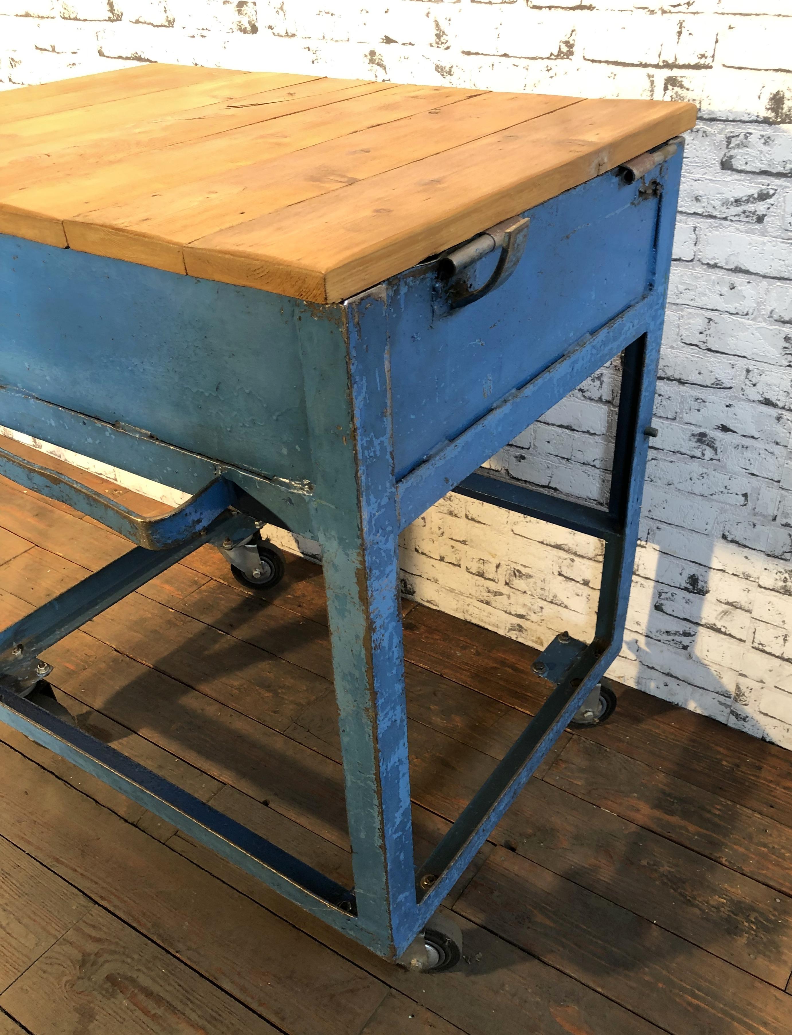 Vintage Blue Industrial Rolling Table, 1950s 5