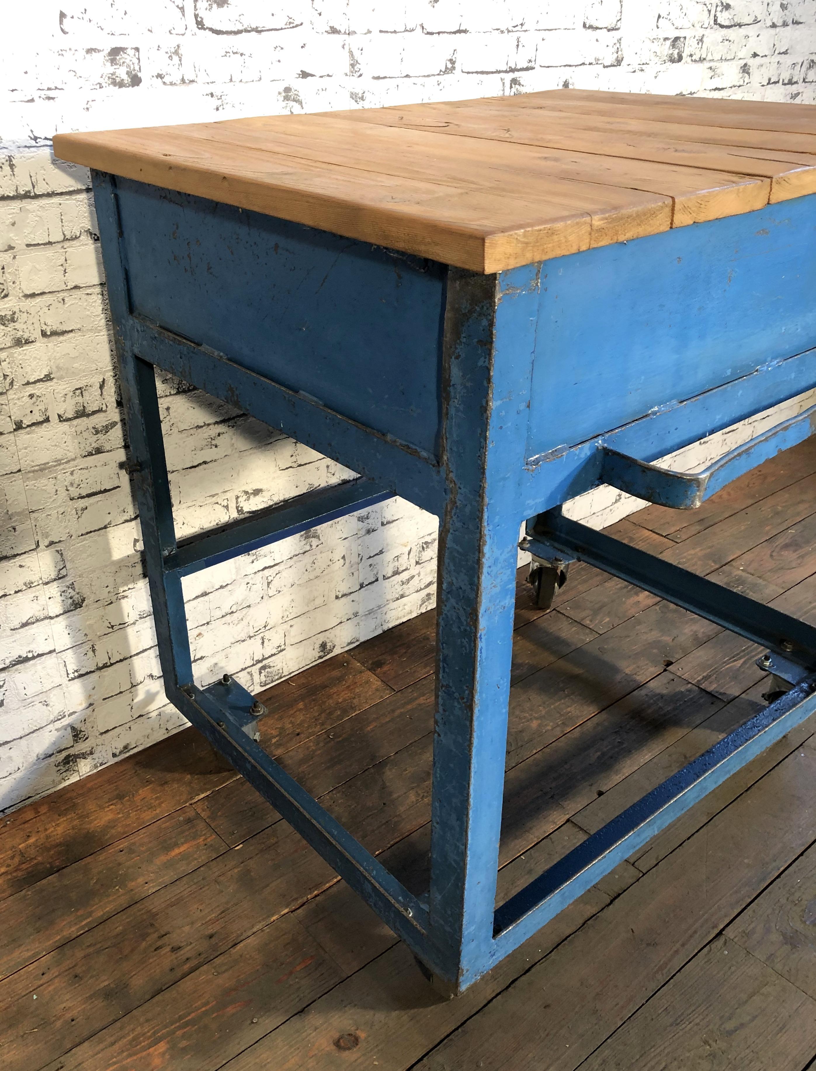 Vintage Blue Industrial Rolling Table, 1950s 6