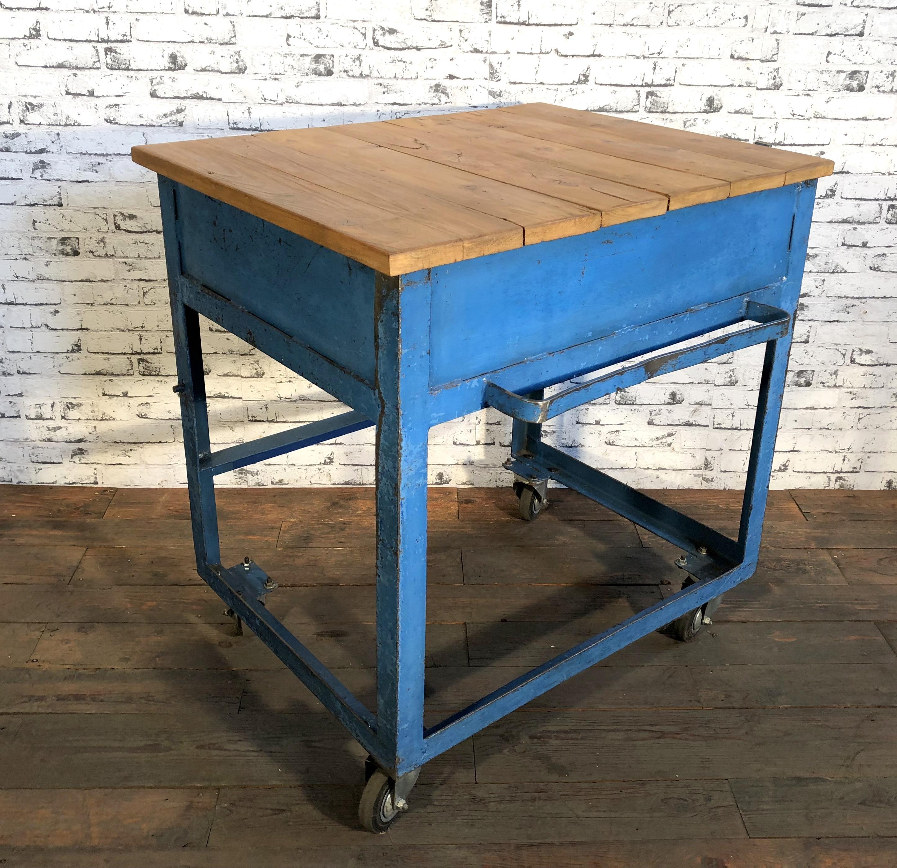 Czech Vintage Blue Industrial Rolling Table, 1950s