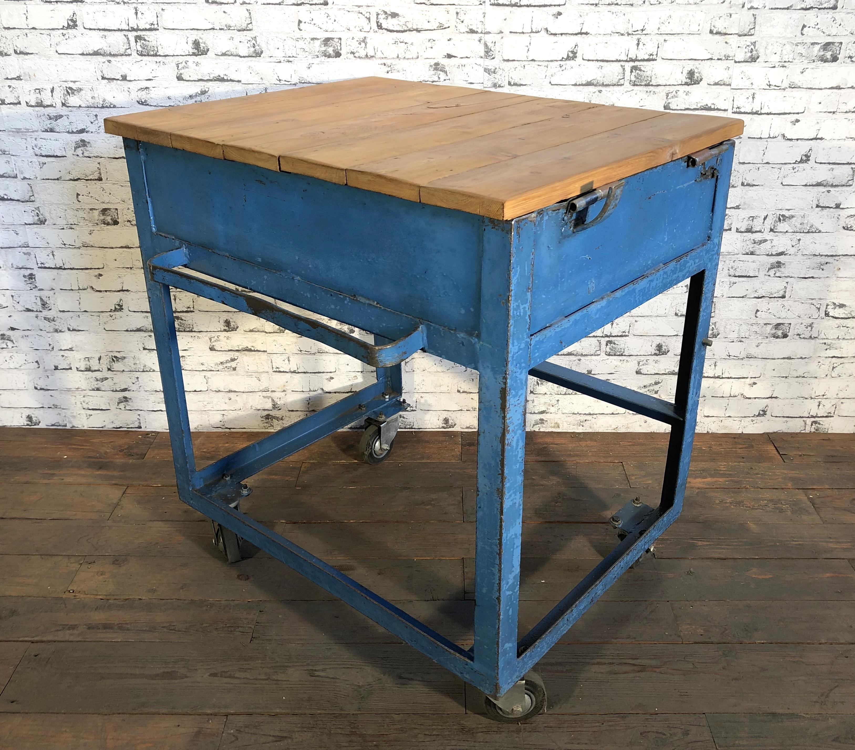 Vintage Blue Industrial Rolling Table, 1950s In Good Condition In Kojetice, CZ