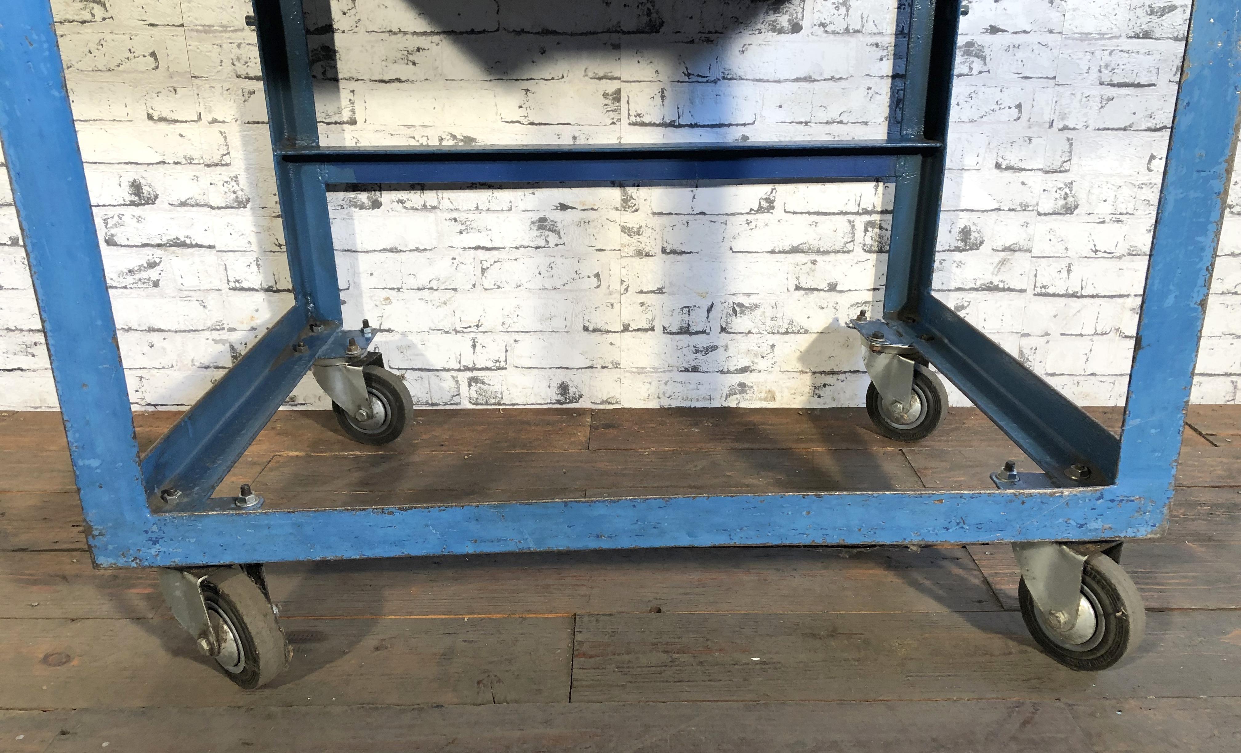 Iron Vintage Blue Industrial Rolling Table, 1950s