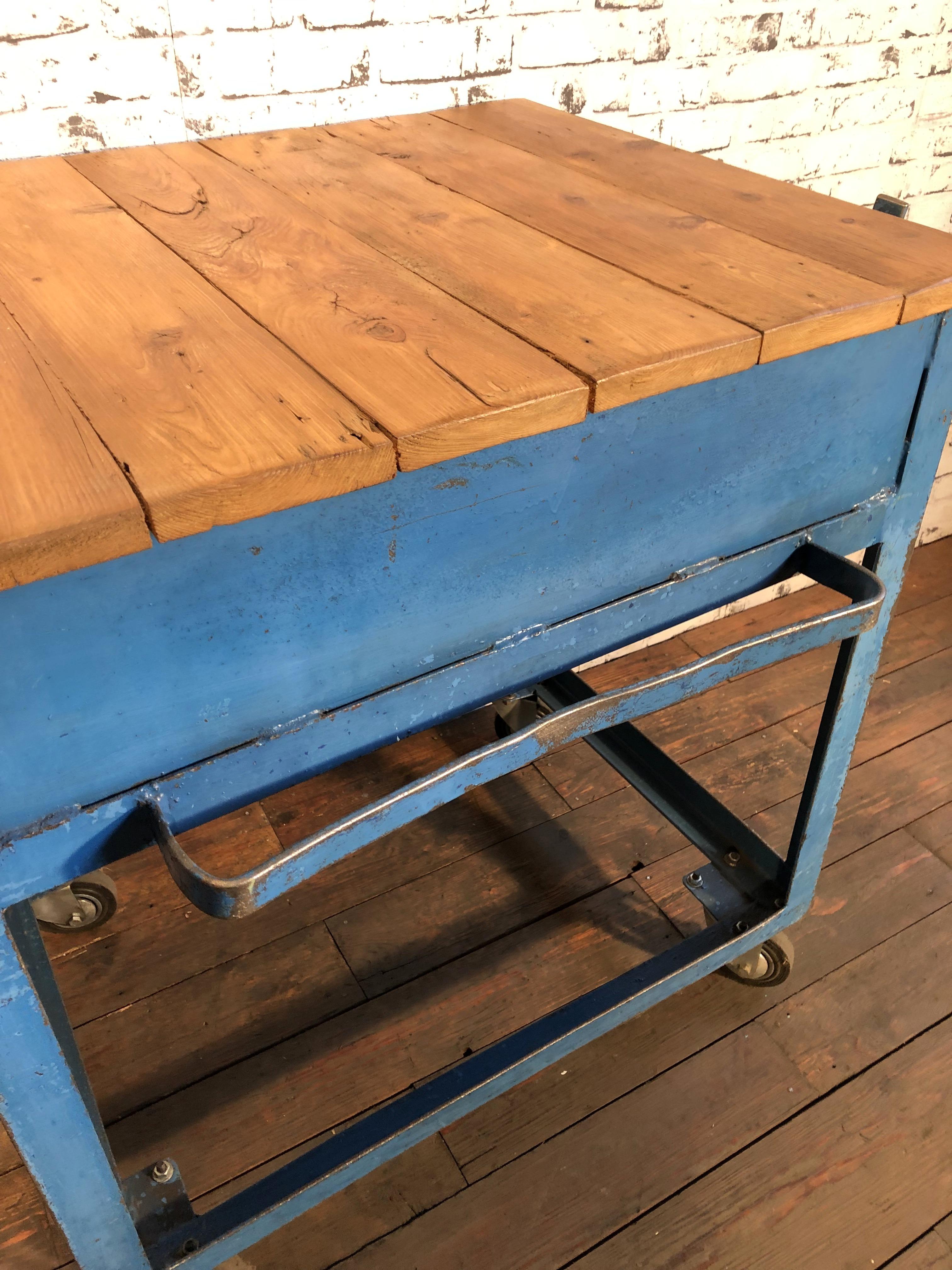 Vintage Blue Industrial Rolling Table, 1950s 1