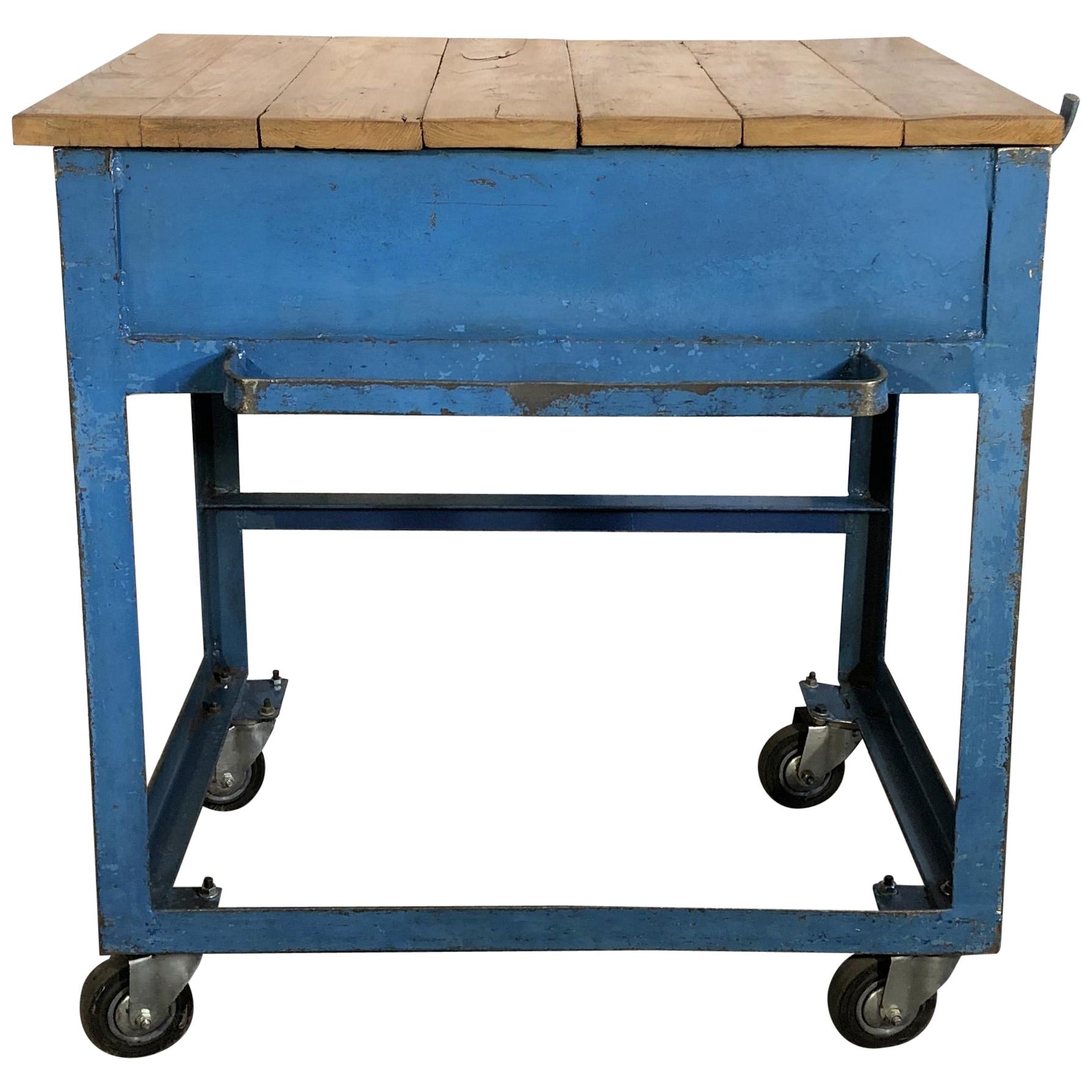 Vintage Blue Industrial Rolling Table, 1950s