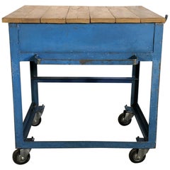 Vintage Blue Industrial Rolling Table, 1950s