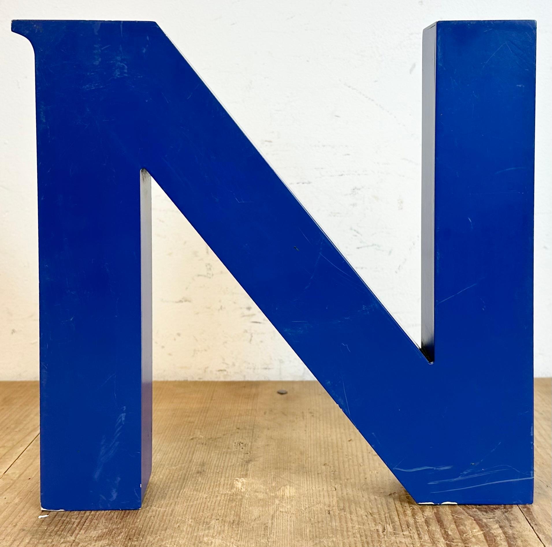 Industrial Vintage Blue Iron Facade Letter N, 1970s For Sale