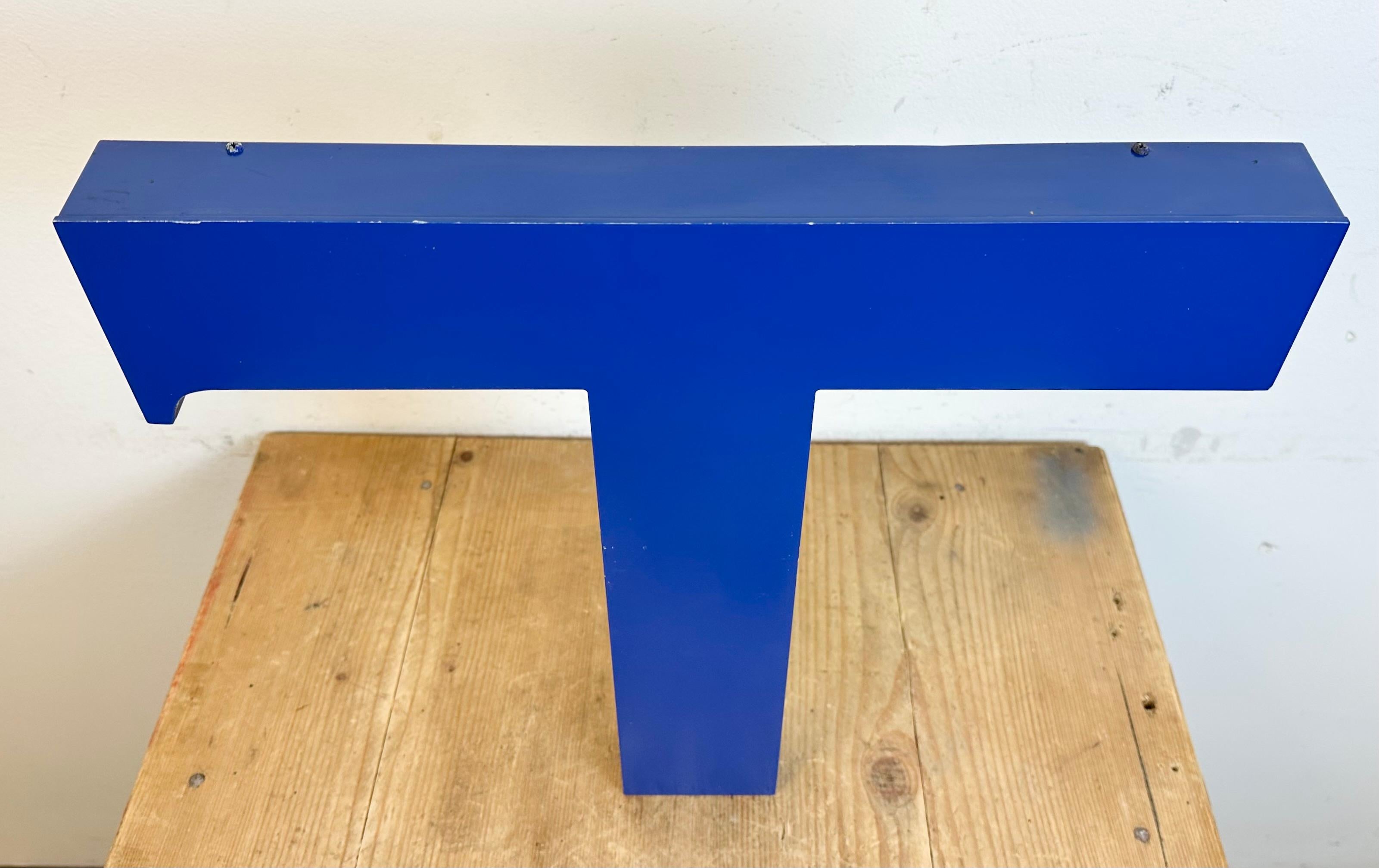 Late 20th Century Vintage Blue Iron Facade Letter T, 1970s For Sale