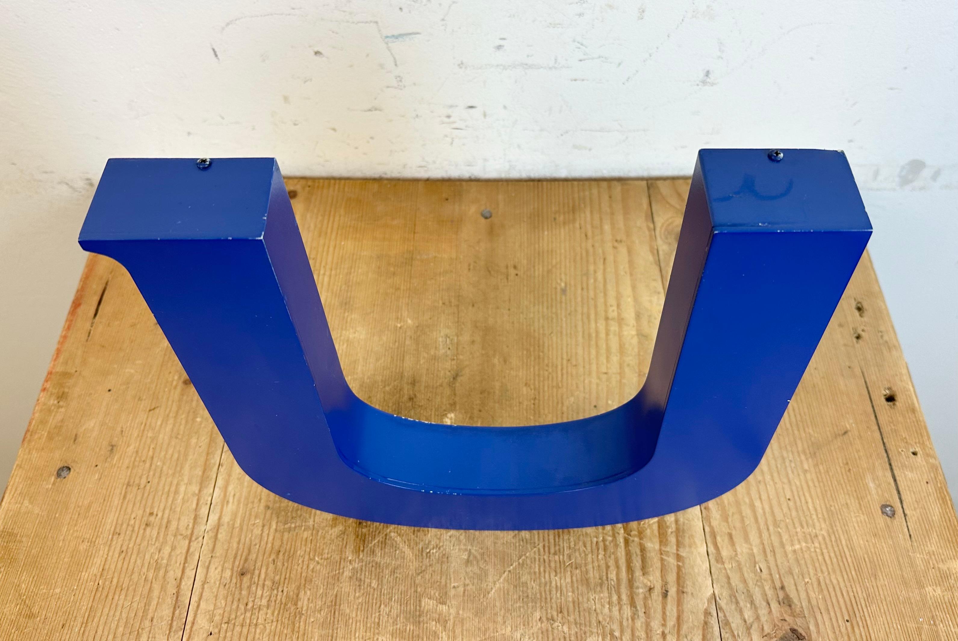 Late 20th Century Vintage Blue Iron Facade Letter U, 1970s For Sale