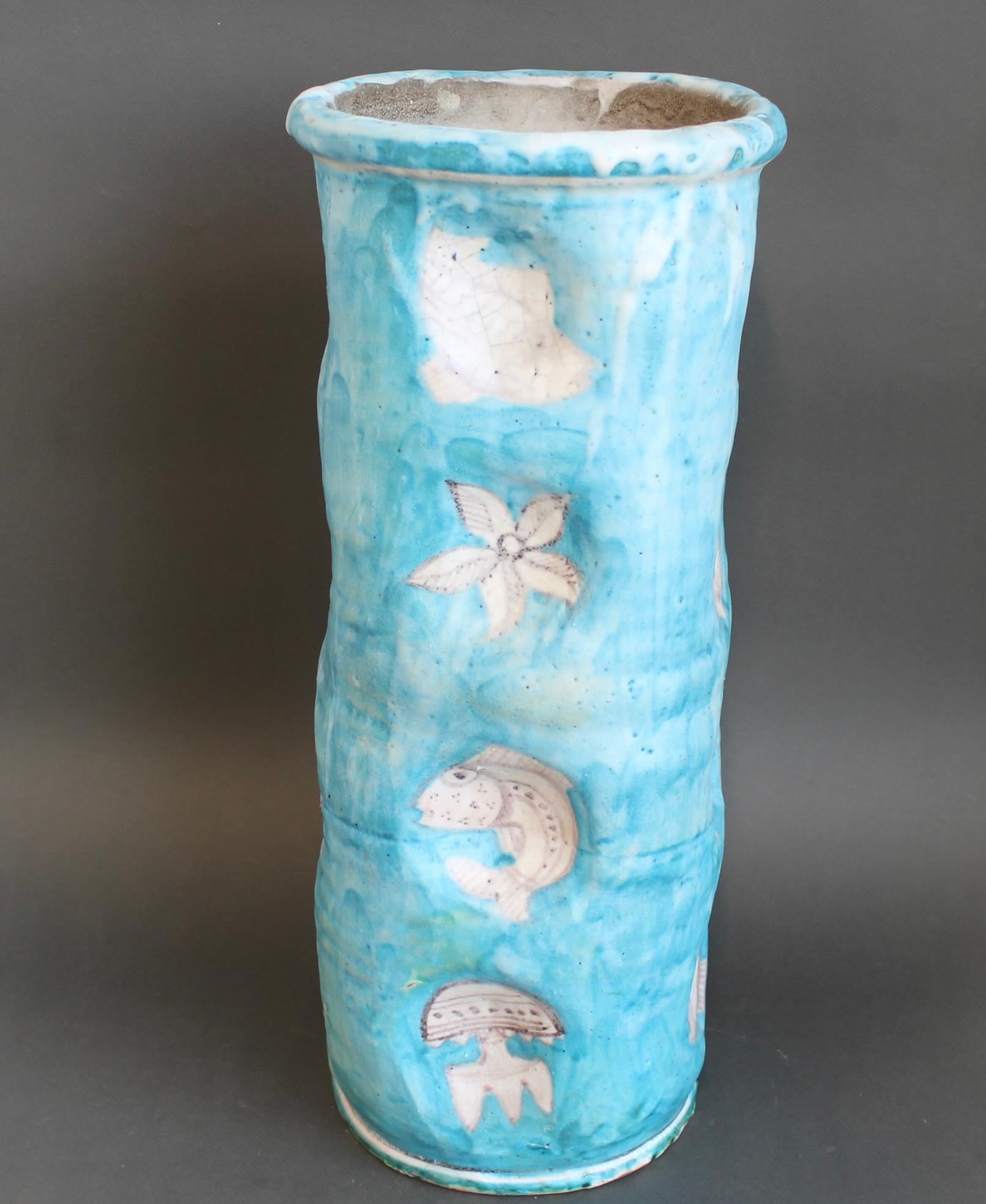 Mid-20th Century Vintage Blue Italian Ceramic Umbrella Stand by C.A.S. Vietri (circa 1950s) For Sale