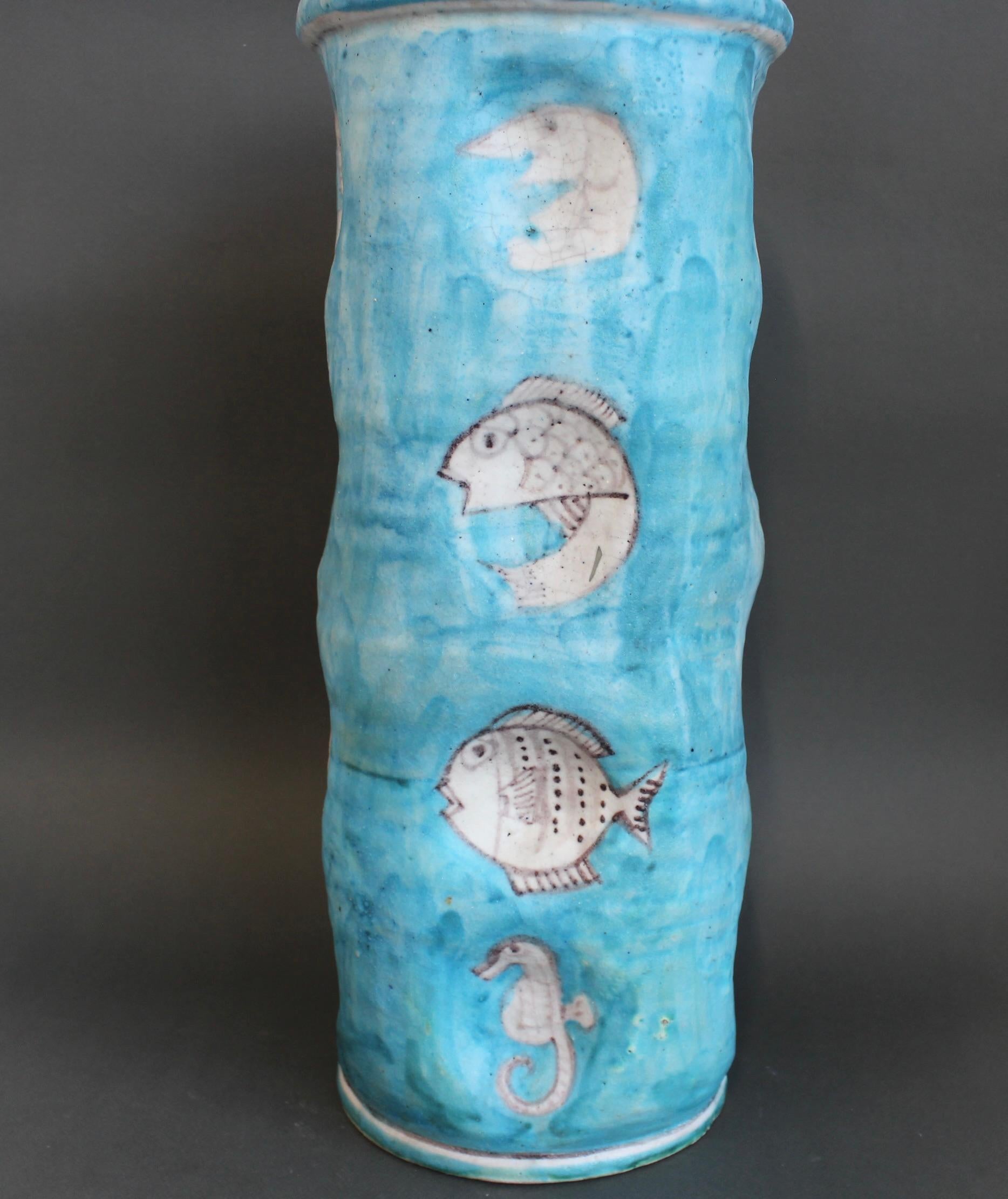 Vintage Blue Italian Ceramic Umbrella Stand by C.A.S. Vietri (circa 1950s) For Sale 3