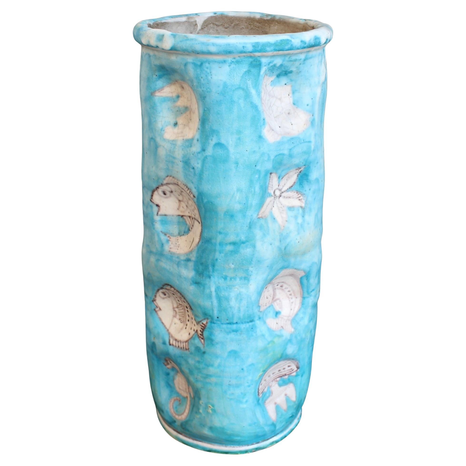 Vintage Blue Italian Ceramic Umbrella Stand by C.A.S. Vietri (circa 1950s) For Sale