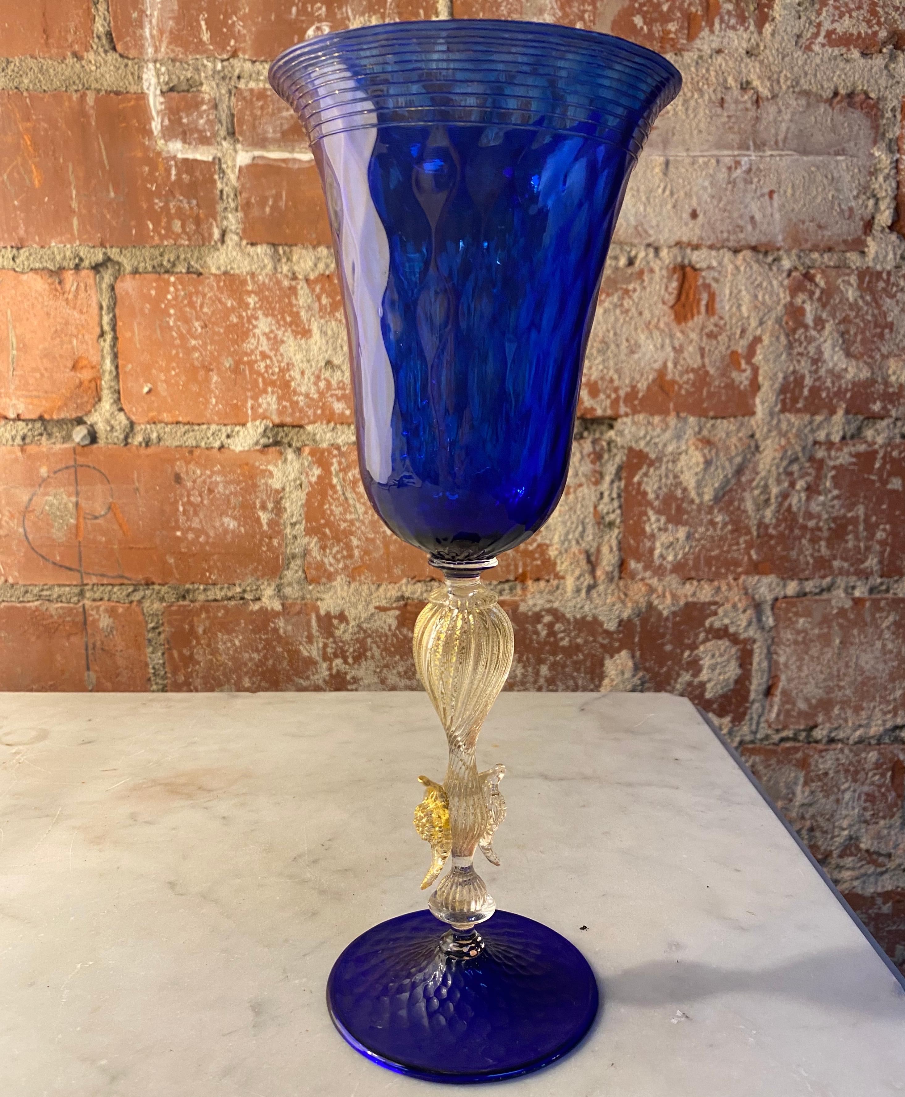 Beautiful and rare Italian Handcrafted Chalice in blue blown murano glass made In Italy, 1970s.