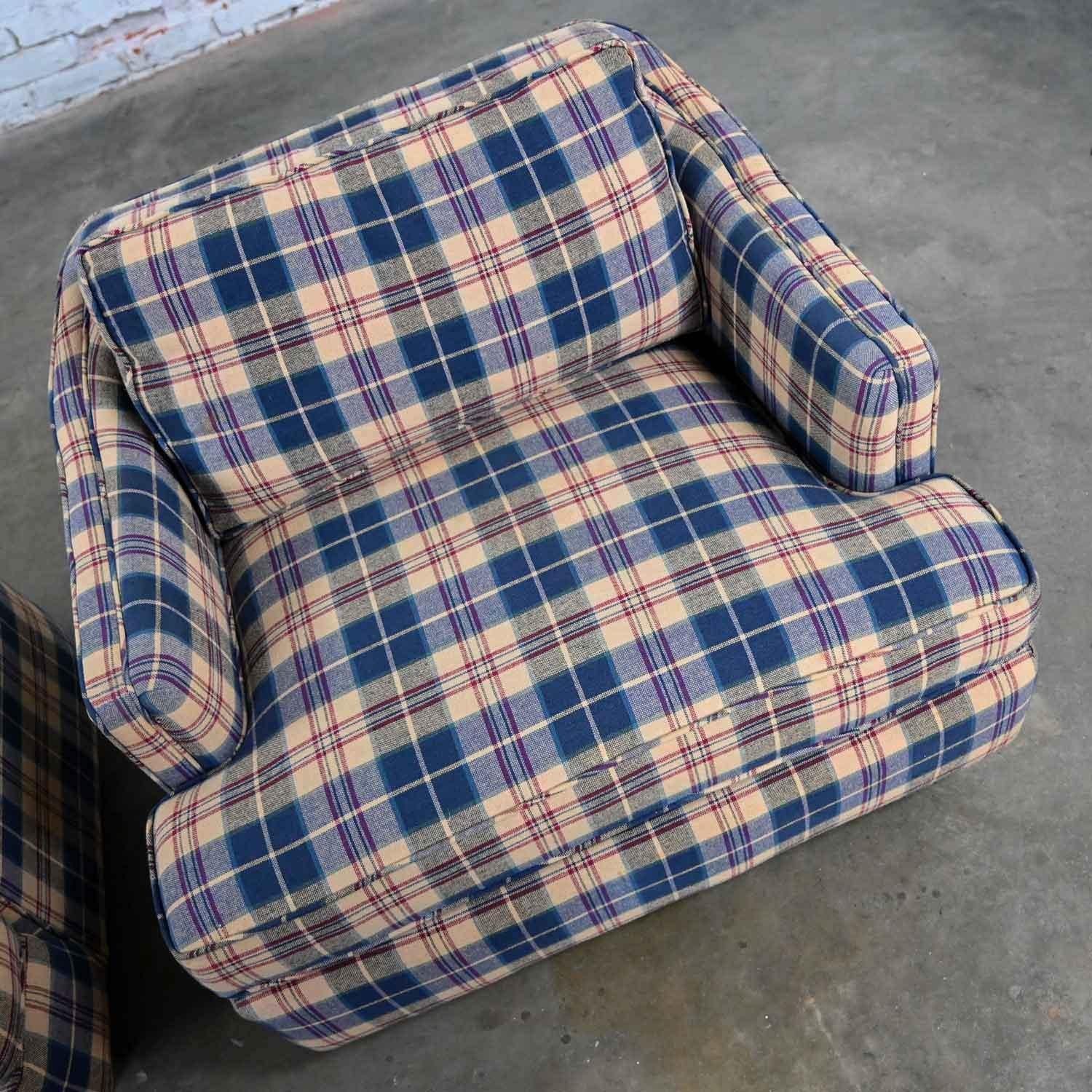 Metal Vintage Blue Khaki Maroon & Black Plaid Barrel Club Chairs a Pair