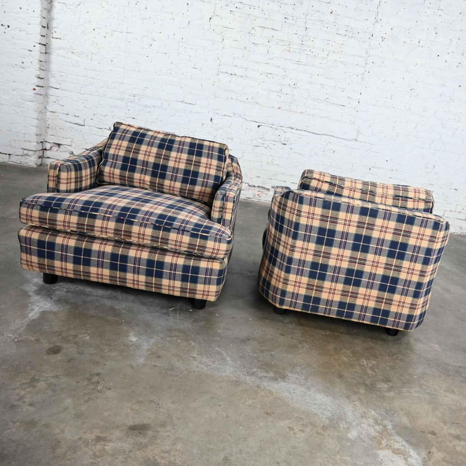 Vintage Blue Khaki Maroon & Black Plaid Barrel Club Chairs a Pair 2