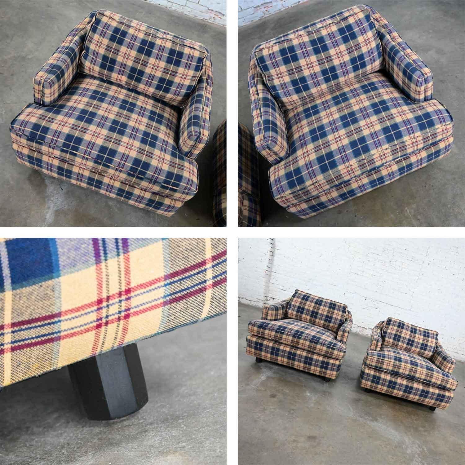 Vintage Blue Khaki Maroon & Black Plaid Barrel Club Chairs a Pair 7