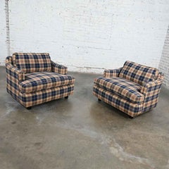 Sedie da club a botte vintage blu, cachi, maroon e nere a quadri, una coppia