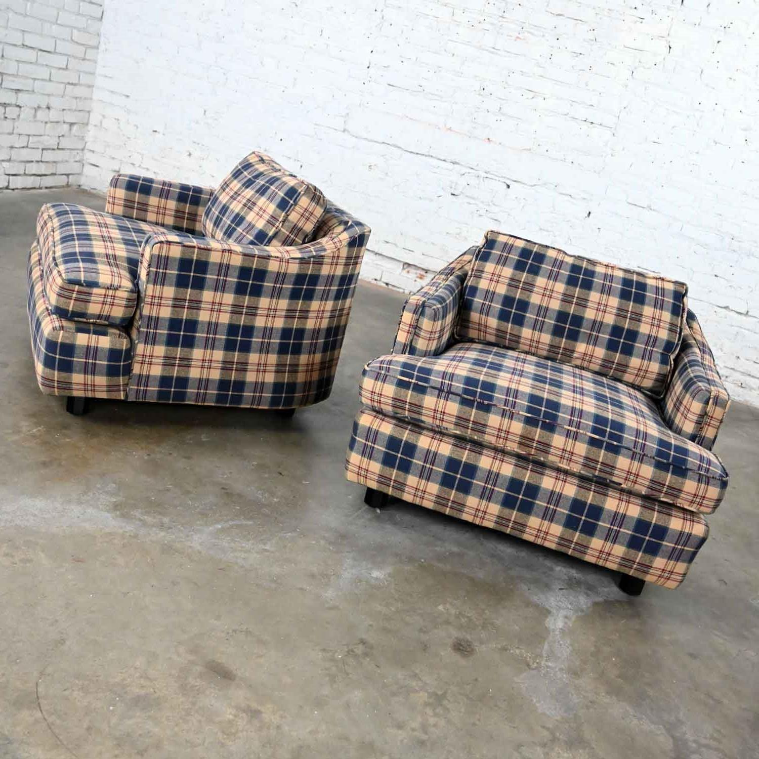 Painted Vintage Blue Khaki Maroon & Black Plaid Barrel Club Chairs a Pair